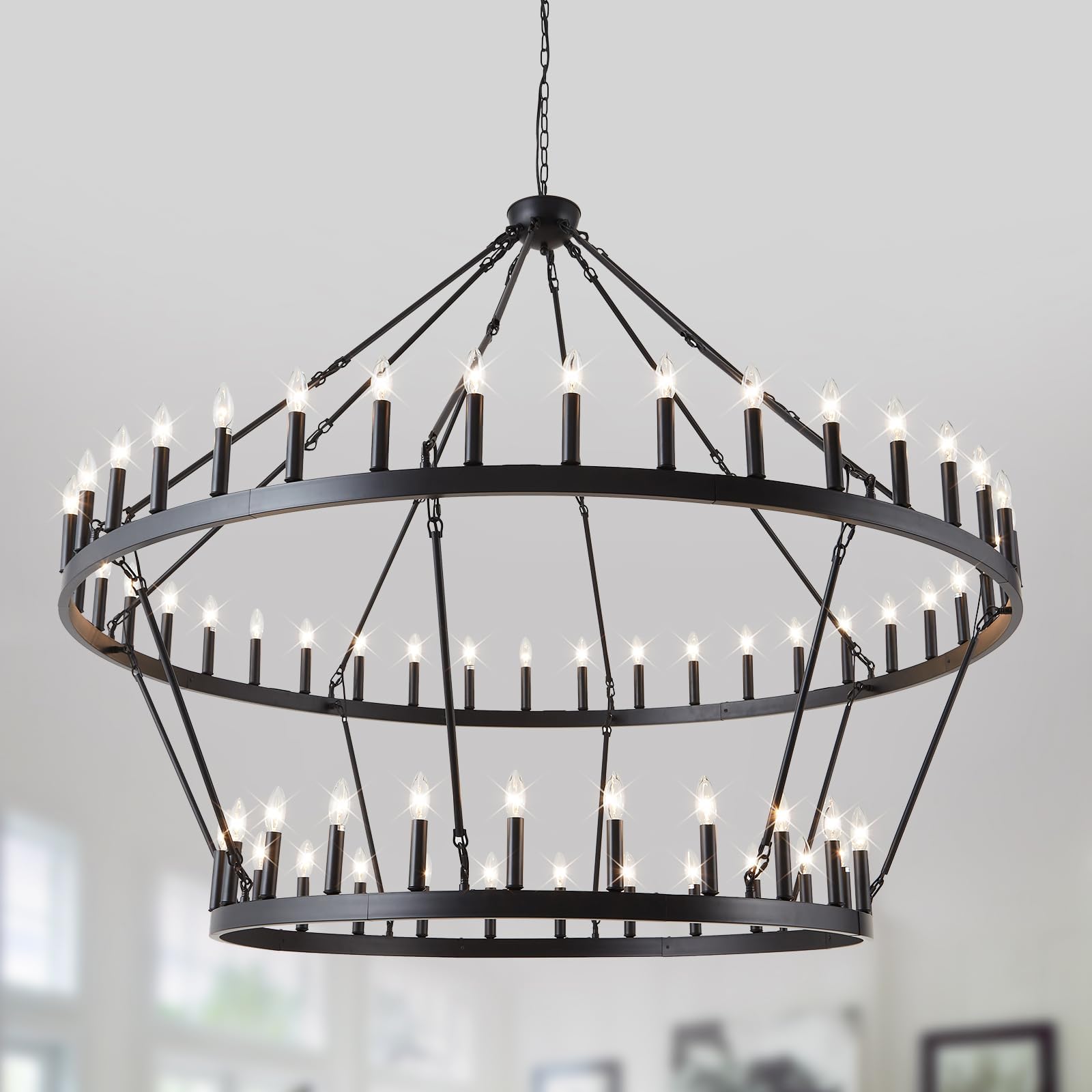 Wagon Wheel Chandelier Farmhouse 2 Tier 64-Light 70-Inch, Black Industrial Chandelier Rustic Candle Pendant Light Fixture Extra Large for High Ceilings, Dining Room, Living Room, Foyer, E12