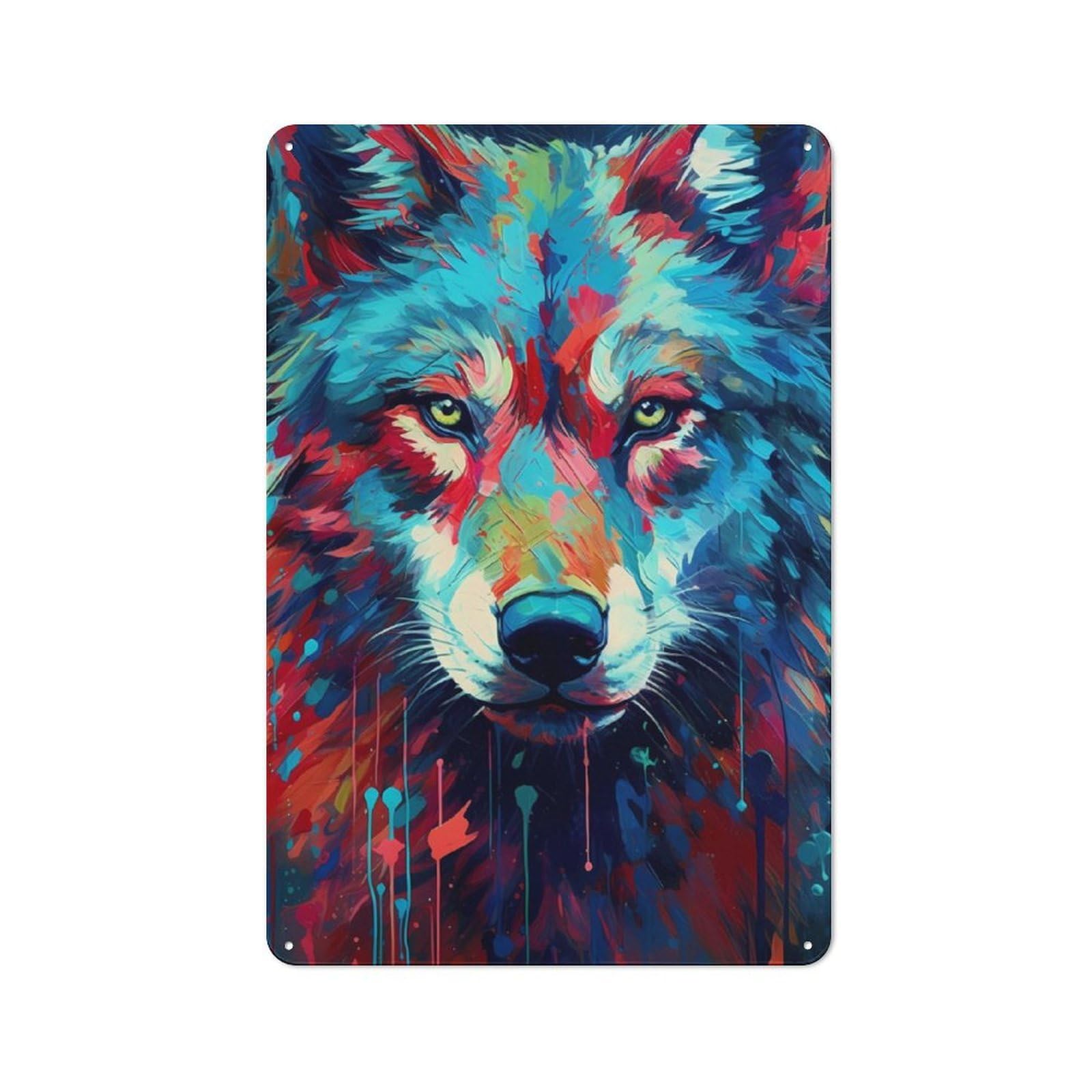 Junmoney Wolf Drawing Rustic Metal Wall Sign 30X20cm For Home Office Or Studio, For Garage, Workshop And Man Cave Decoration