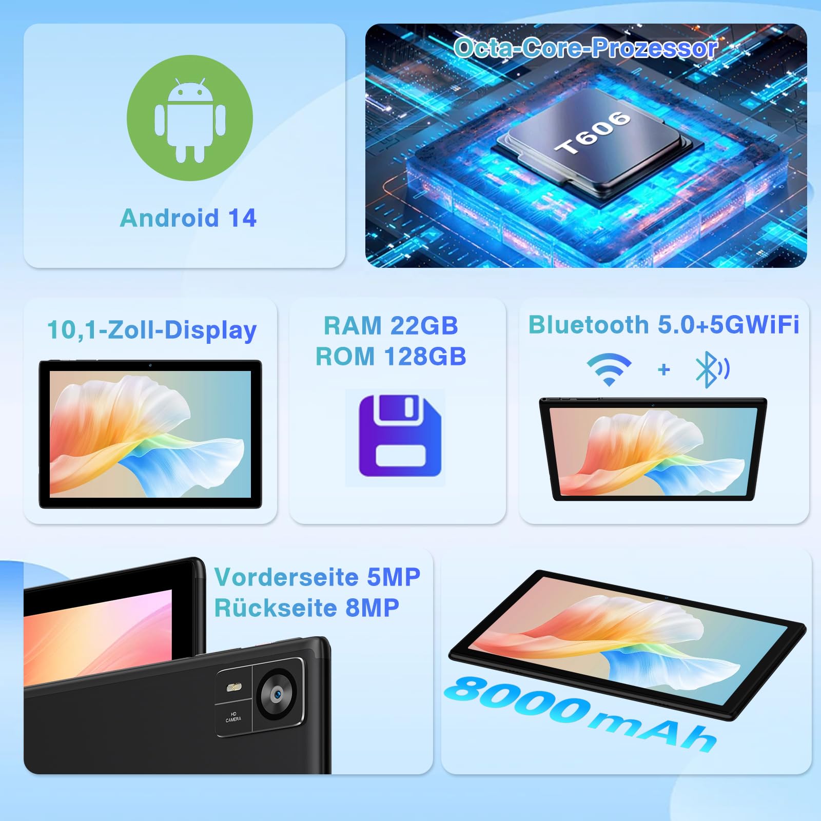SUAAT 2026 Tablet Android 22 GB RAM + 128 GB ROM (2 TB TF), tablets 10 pollici, 8000mAh, Octa-Core, 2,0 GHz, WiFi 5G + 2,4G, GPS, 8 MP + 5 MP, Bluetooth 5.0, Cast,tastiera e mouse, Nero Intenso