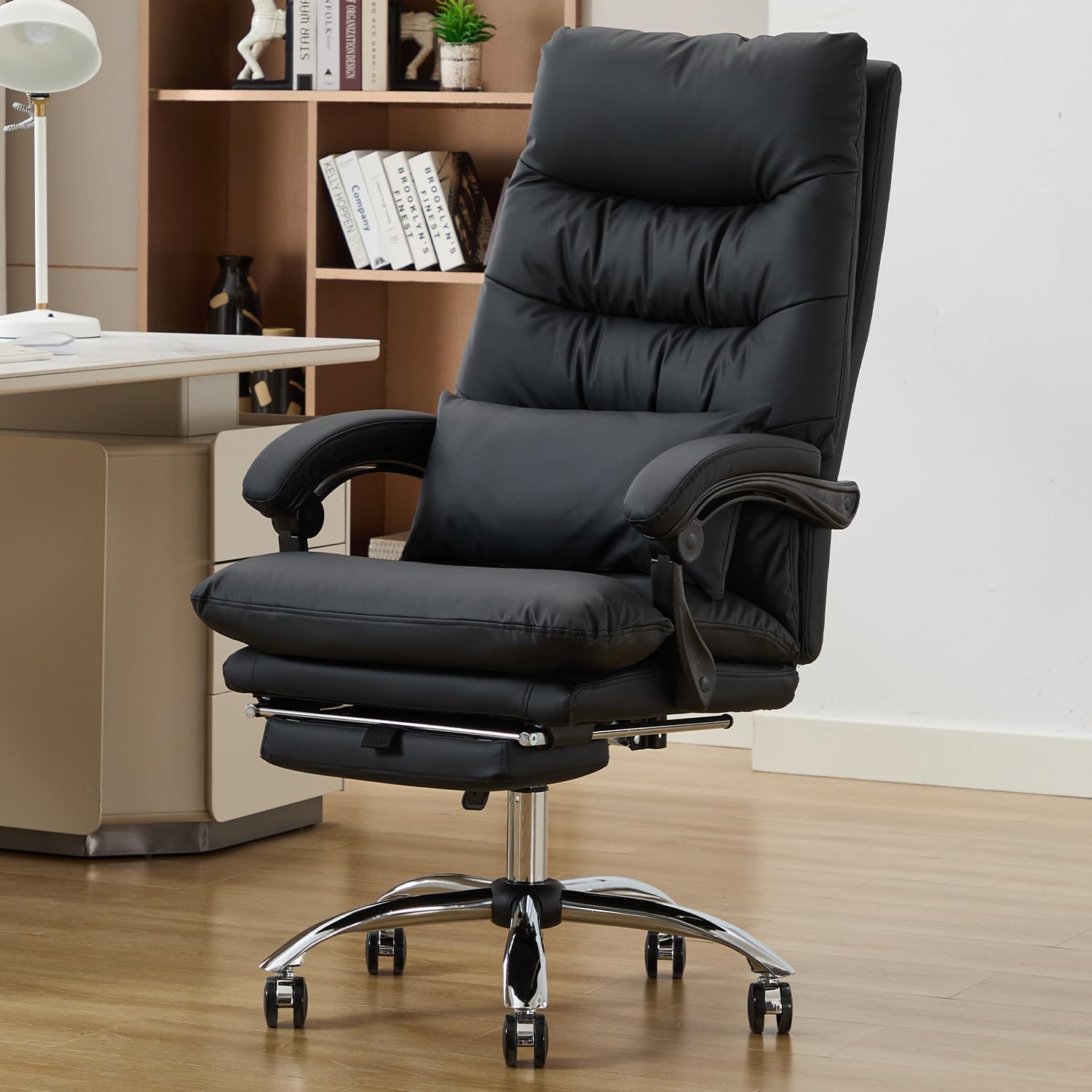 Seanail Office Chair with Foot Rest, High Back 155° Reclining, Leather Office Desk Computer Chair, Swivel Computer Desk Chair with Wheels