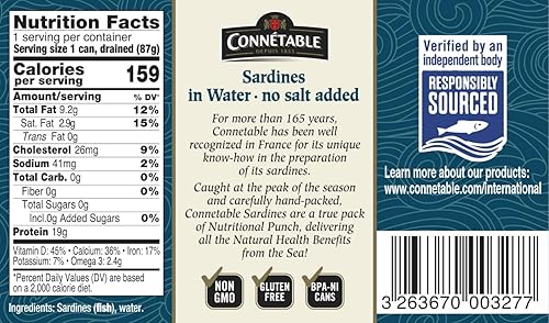 Miniatura 2 de Sardinas  Connétable  Sardinas en agua  Sin sal agregada  4.375 oz  Pack de 12