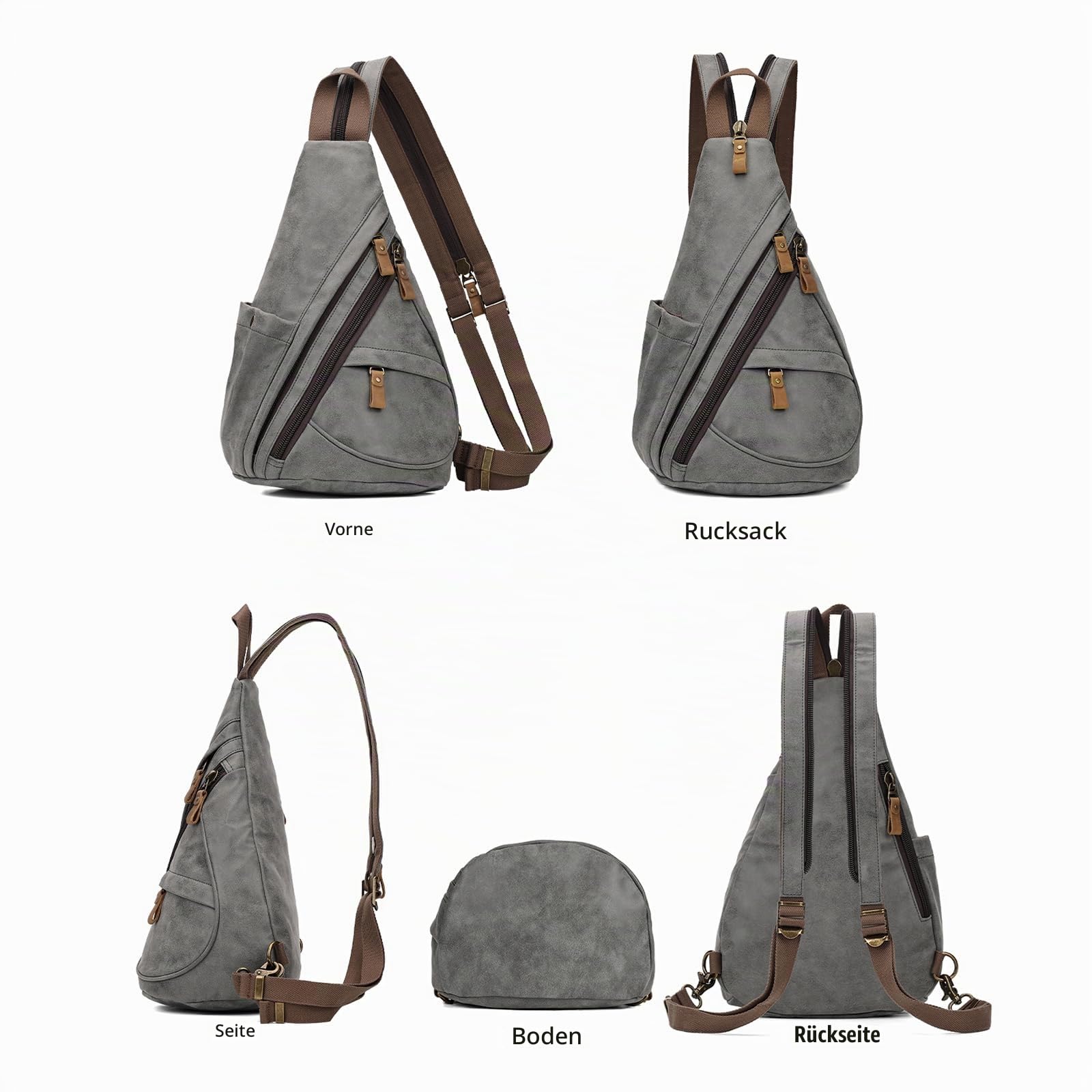 KL928 Casual PU Vintage Rucksäcke, Echtleder Retro Segeltuch Rucksack Daypack Crossbody Shoulder Schulterrucksack für Herren und Damen, Dunkelgrau