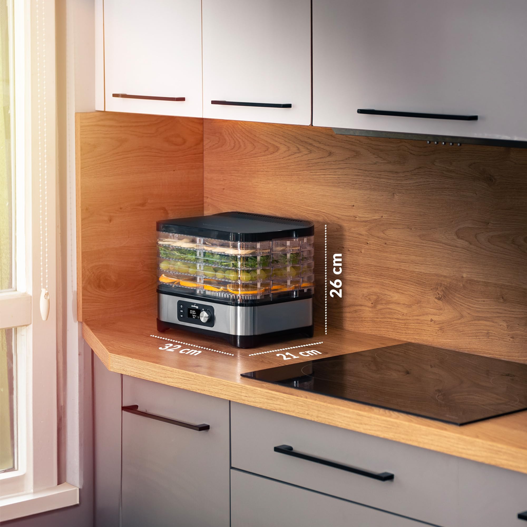 LEHMANN Déshydrateur Alimentaire en Acier Inoxydable, 450 W, 5 Plateaux Réglables en Hauteur, Température Réglable 35-70°C, Minuterie 24 h, sans BPA, pour Champignons, Fruits, Légumes