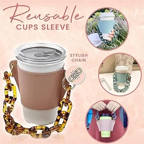 Miniatura 4 de Soporte de cuero de lujo para bebidas con mango de bebidas, soporte reutilizable para tazas de café de viaje, soporte de taza de cadena de metal