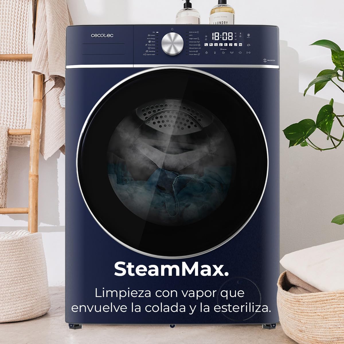 Cecotec Lavatrice 8 Kg Carico frontale Bolero DressCode 8800 Inverter Ice Blue A. 2000 W, 1400 giri/min, 16 programmi, basso consumo, motore inverter Plus, SteamMax, ricarica automatica e display