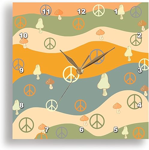 Miniatura 1 de 3dRose Wall Clock Silent - 15 inch - Peace Signs, Orange, Green, Peach Color, Steely Blue, Mushrooms, Retro, Wavy, Pattern - Patterns and Backgrounds