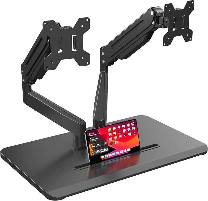 Dual Monitor Mount Gas Spring Monitor Arm Desk Stand with Base,Free Standing Pneumatic Height Adjustable Monitor Stand for 17 to 34 inch,Holds up to 24.25 lbs,Black(ML8SPX)