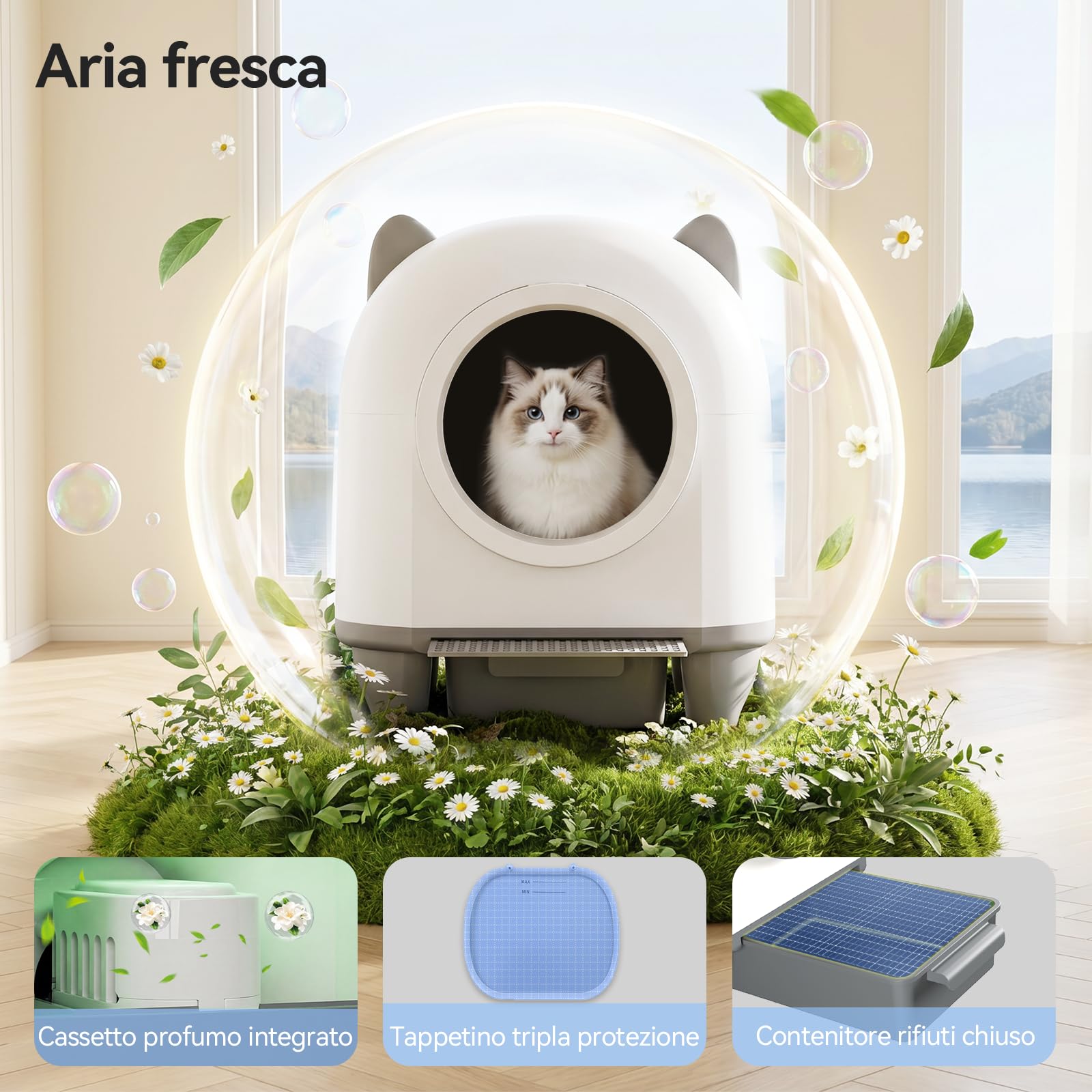 JUMMICO 90L XXL Lettiera Autopulente per Gatti, Intelligente con Controllo tramite App, Sicurezza Antipizzicamento, Monitoraggio della Salute, Doppia Deodorizzazione, Tappetino e Profumo Inclusi, Per