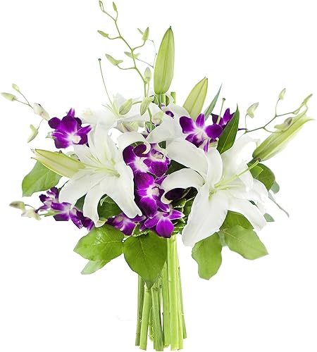 KaBloom PRIME ORVERNIGHT DELIVERY - Ramo de 3 lirios blancos orientales 5 orquídeas moradas con verdes exuberantes