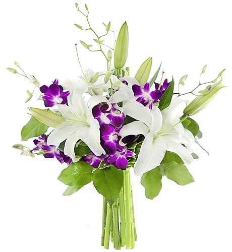 KaBloom PRIME ORVERNIGHT DELIVERY - Ramo de 3 lirios blancos orientales 5 orquídeas moradas con verdes exuberantes