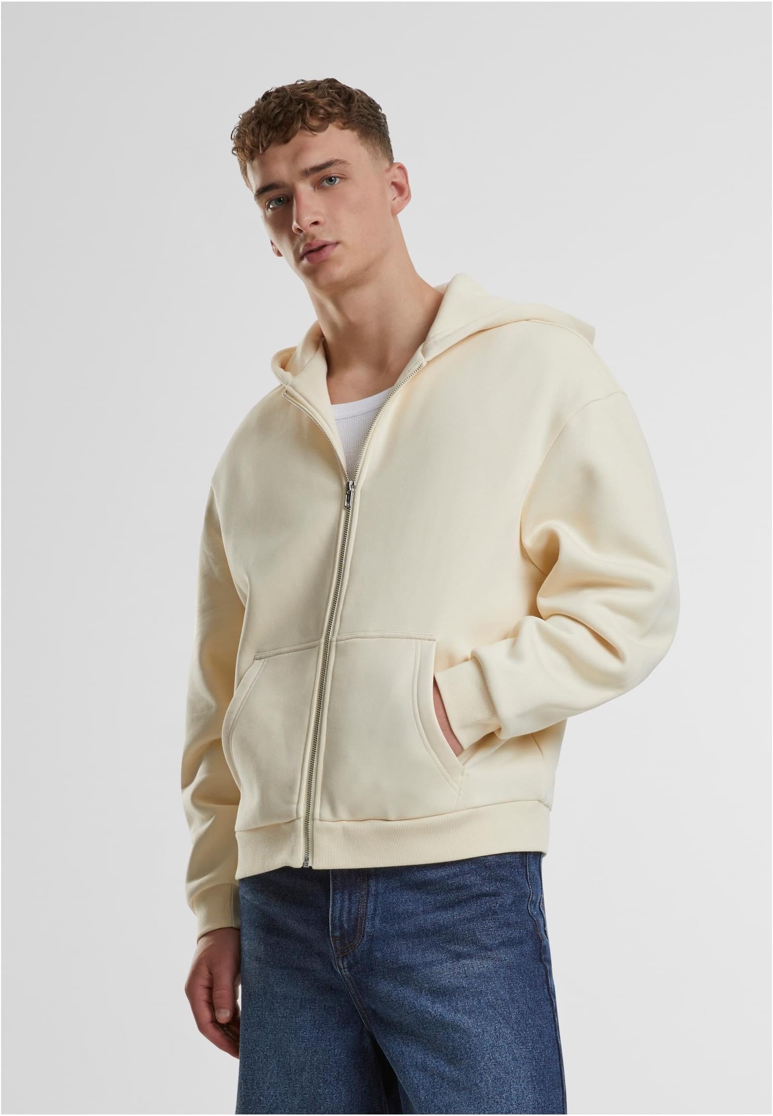Urban Classics Męska bluza z kapturem Fluffy Zip Hoody, puszysta bluza z kapturem z zamkiem błyskawicznym, bluza z kapturem dla mężczyzn, oversize fit, Whitesand, M