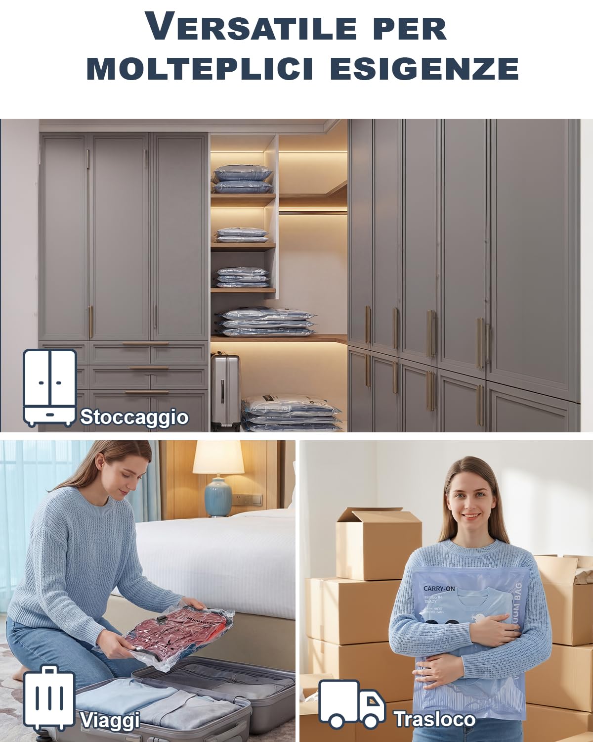 Sacchetti Sottovuoto Vestiti con Pompa Elettrica, 8 Buste Sottovuoto Vestiti (4 * 100x80cm, 4 * 74x54cm), Sacchi Sottovuoto Vestiti per Viaggi, Traslochi e Stoccaggio