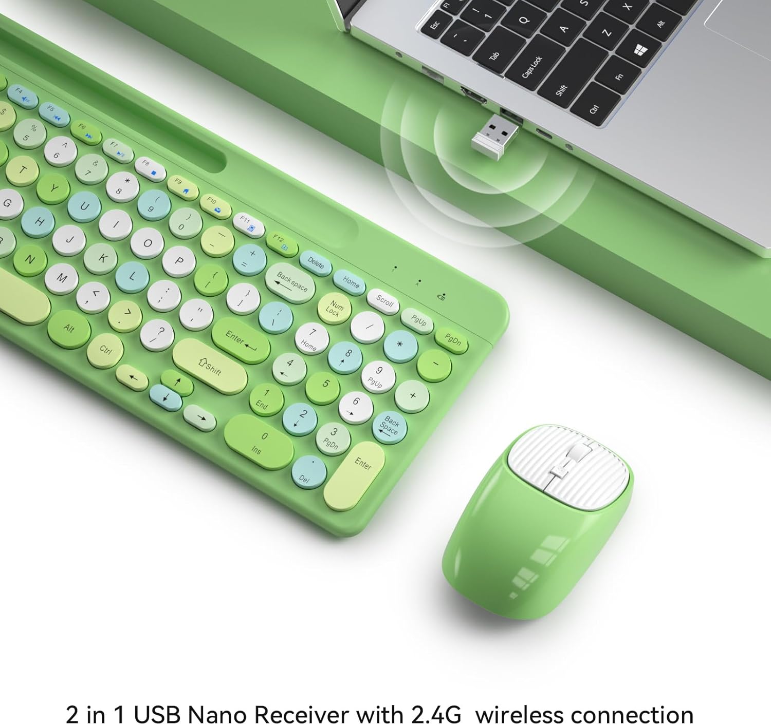 Retro Wireless Keyboard and Mouse Combo, Full-Size USB Keyboard with Round Keycaps, 2.4GHz Wireless for Desktop, Laptop and Computer (Green-Colorful) - Image 2