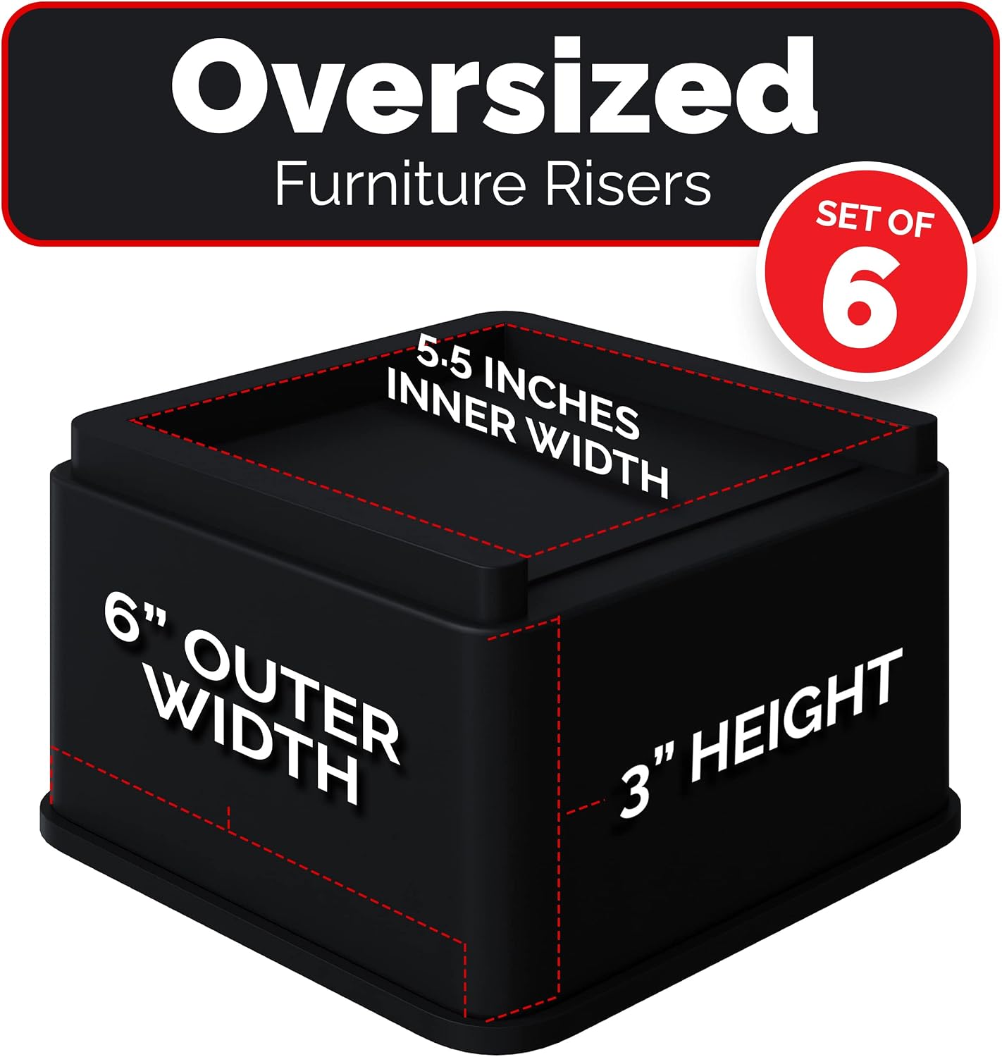 iPrimio Oversized Bed Risers - Square, 3 Inch Lift, Heavy Duty, 6 Pack, Up to 6000lbs - Bed Raising Blocks, Furniture Risers - Safe, Sturdy Bed Lifts for College Dorm Rooms, Couches, Tables, Desks