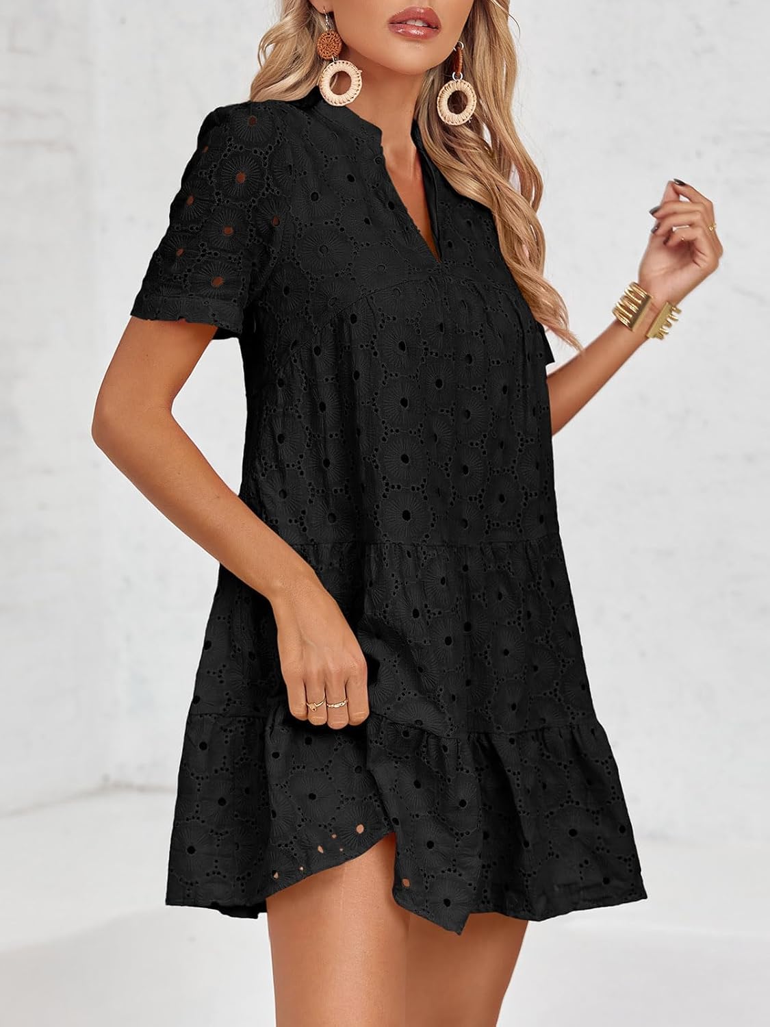 Imily Bela Womens Summer Lace Dresses Eyelet Casual Flowy Babydoll Swing Short Sleeve V Neck Tunic Dress - Image 3