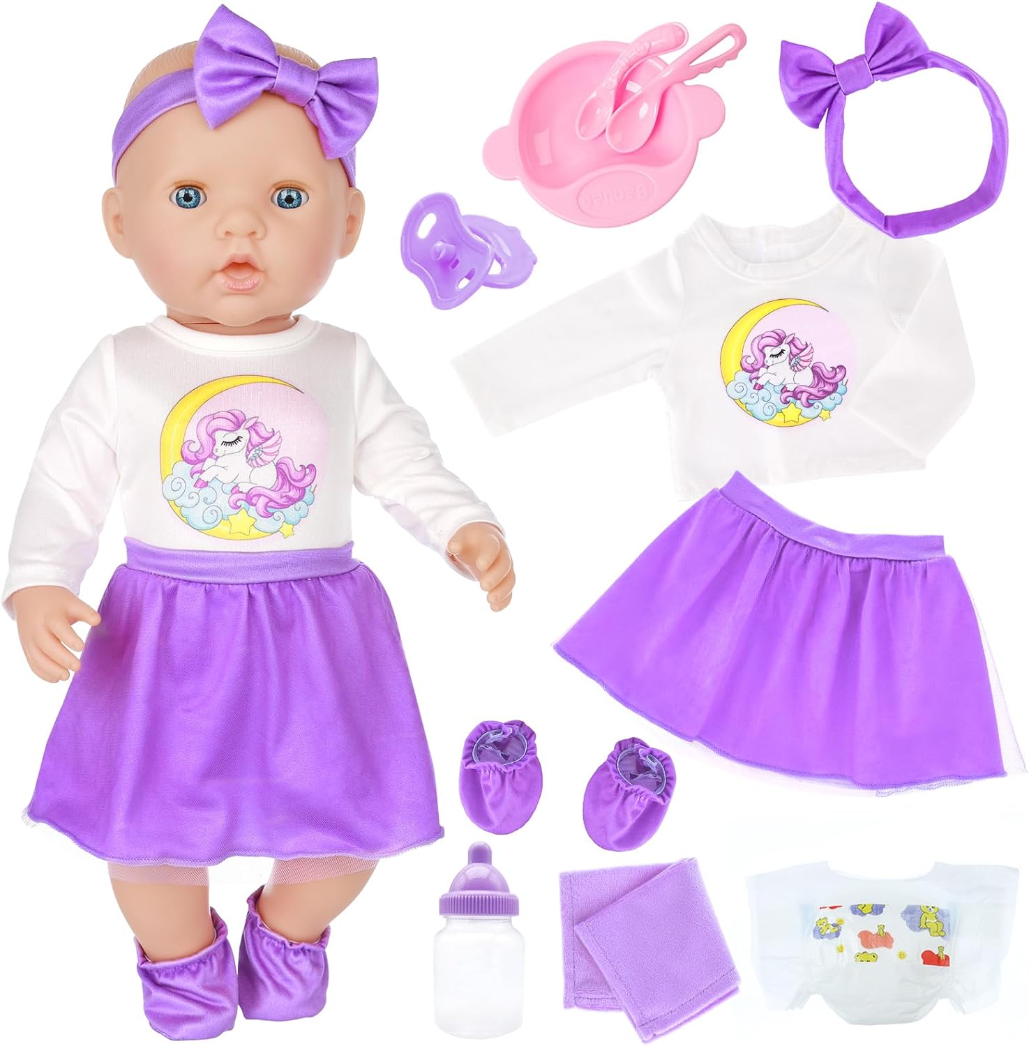 UNICORN ELEMENT Baby Doll Accessories Doll Diaper Bag Set with 14-16 Inch Doll Clothes Set Included Bottles, Pacifier, Diaper, Headband Best Gift for Kids