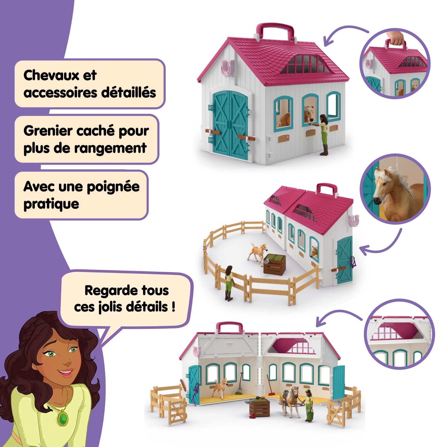 Schleich Horse Club | Écurie transportable “Petit Fer à Cheval” 42703 | Set avec écurie, 2 Chevaux, Figurine Mobile & Accessoires pour Enfants | Jouet dès 5 Ans | 60 pièces