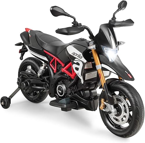 OLAKIDS Aprilia - Motocicleta de 12 V para niños, motor eléctrico con licencia de Aprilia con ruedas de entrenamiento, suspensión de resorte,