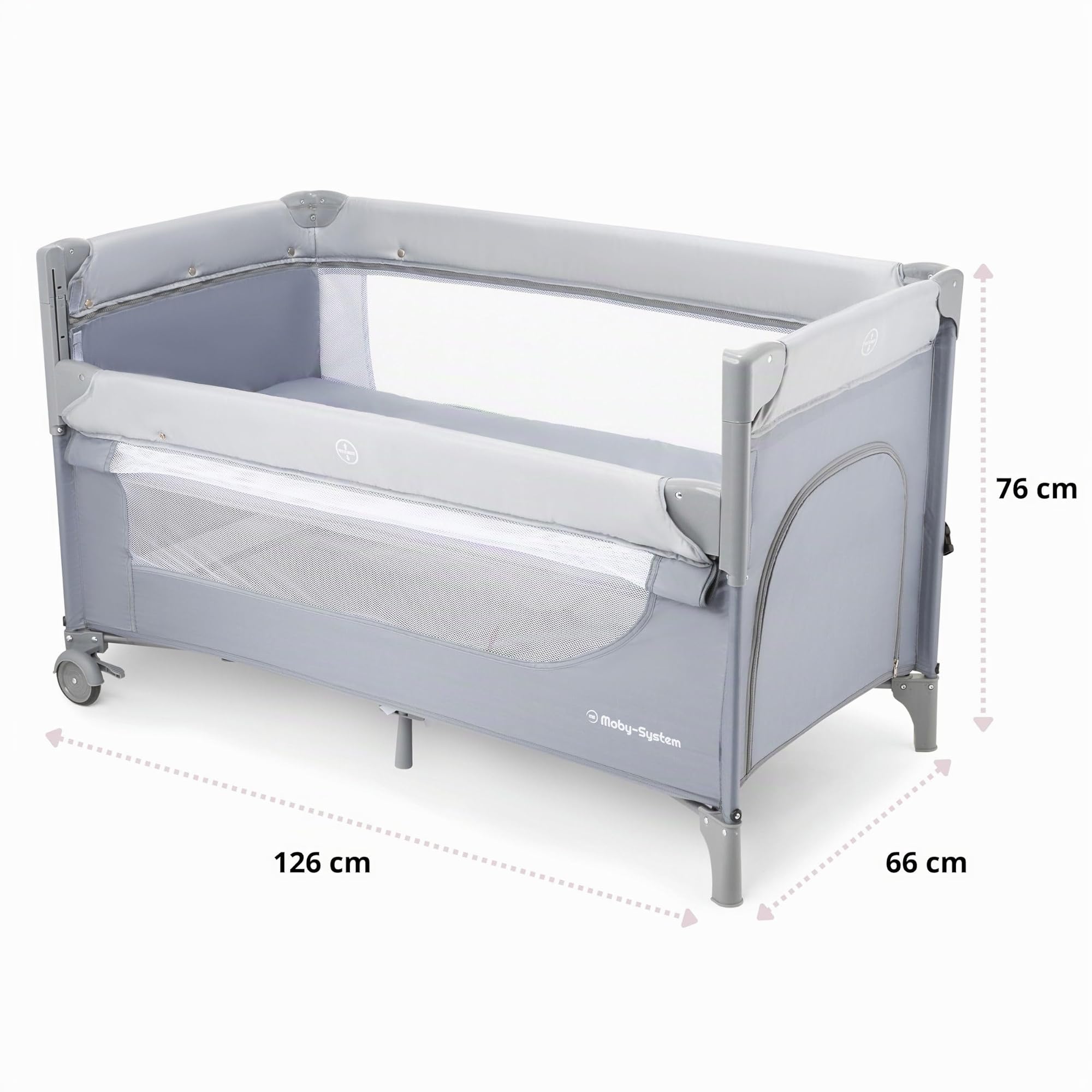 Moby-System Closely 3in1 Beistellbett Baby - Reisebett Baby mit Wickelauflage, Matratze, Transporttasche - Höhenverstellbares Beistellbett, Laufstall (6 Teile)