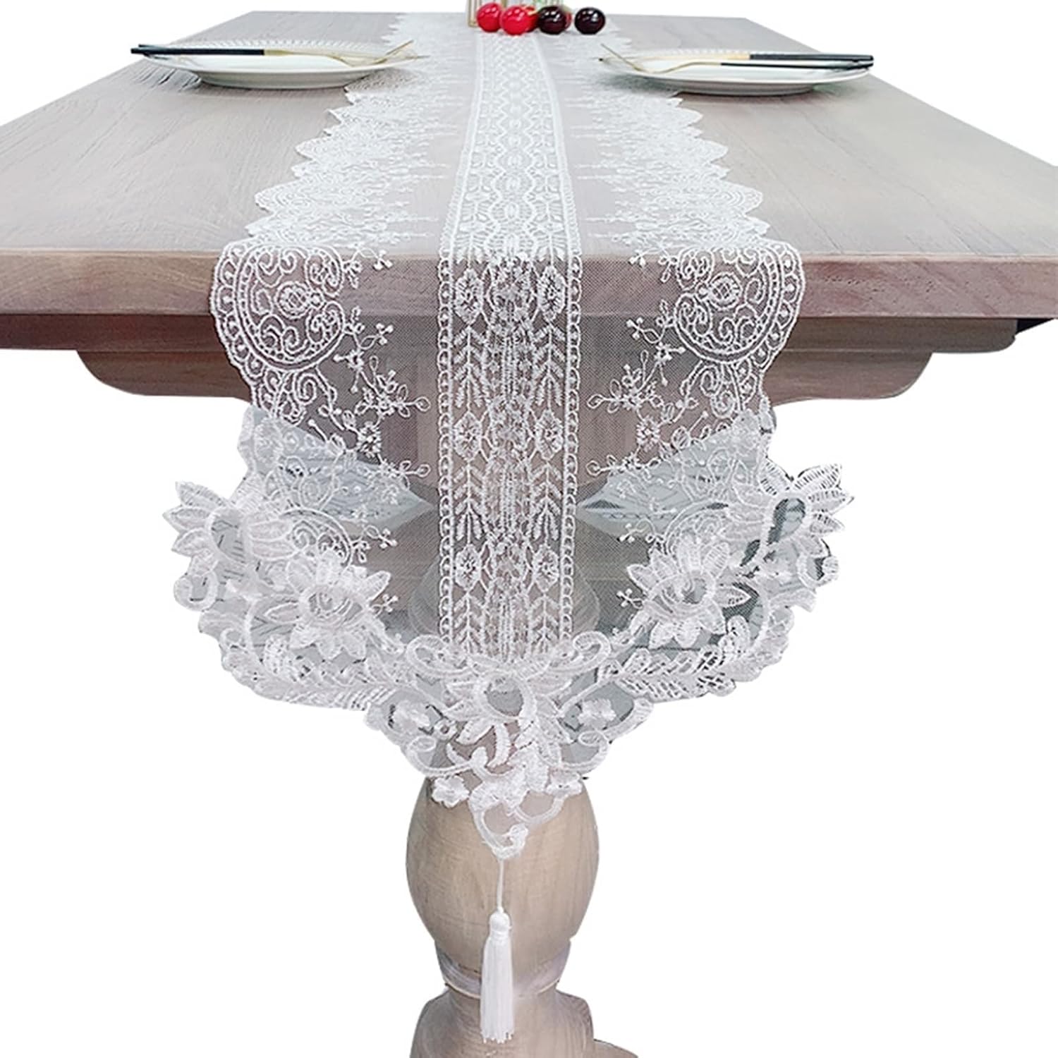 Small Table Runner Rectangle,12" x 108",Lace with Embroidery Table Runners Polyester Dining Table Running White