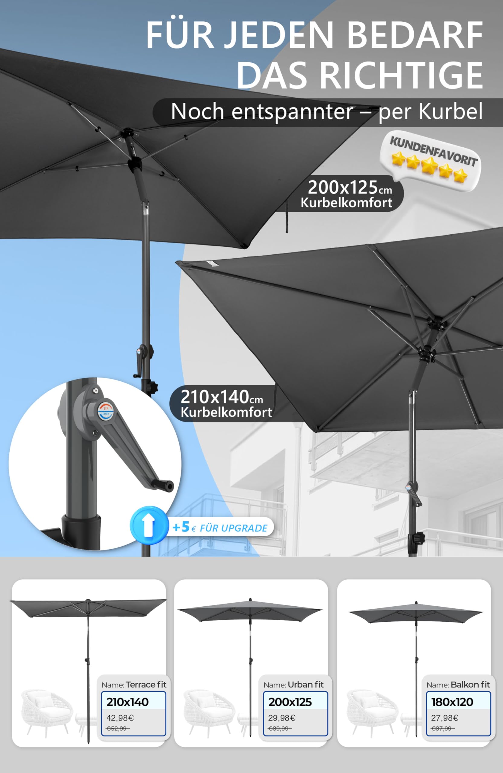 4smile Sonnenschirm Balkon 200 × 125 cm, Sonnenschirm rechteckig mit UPF 50+, 45° knickbar & höhenverstellbar, für Sonnenschutz Balkon mit Sonnenschirmhülle, Balkonschirm in Anthrazit