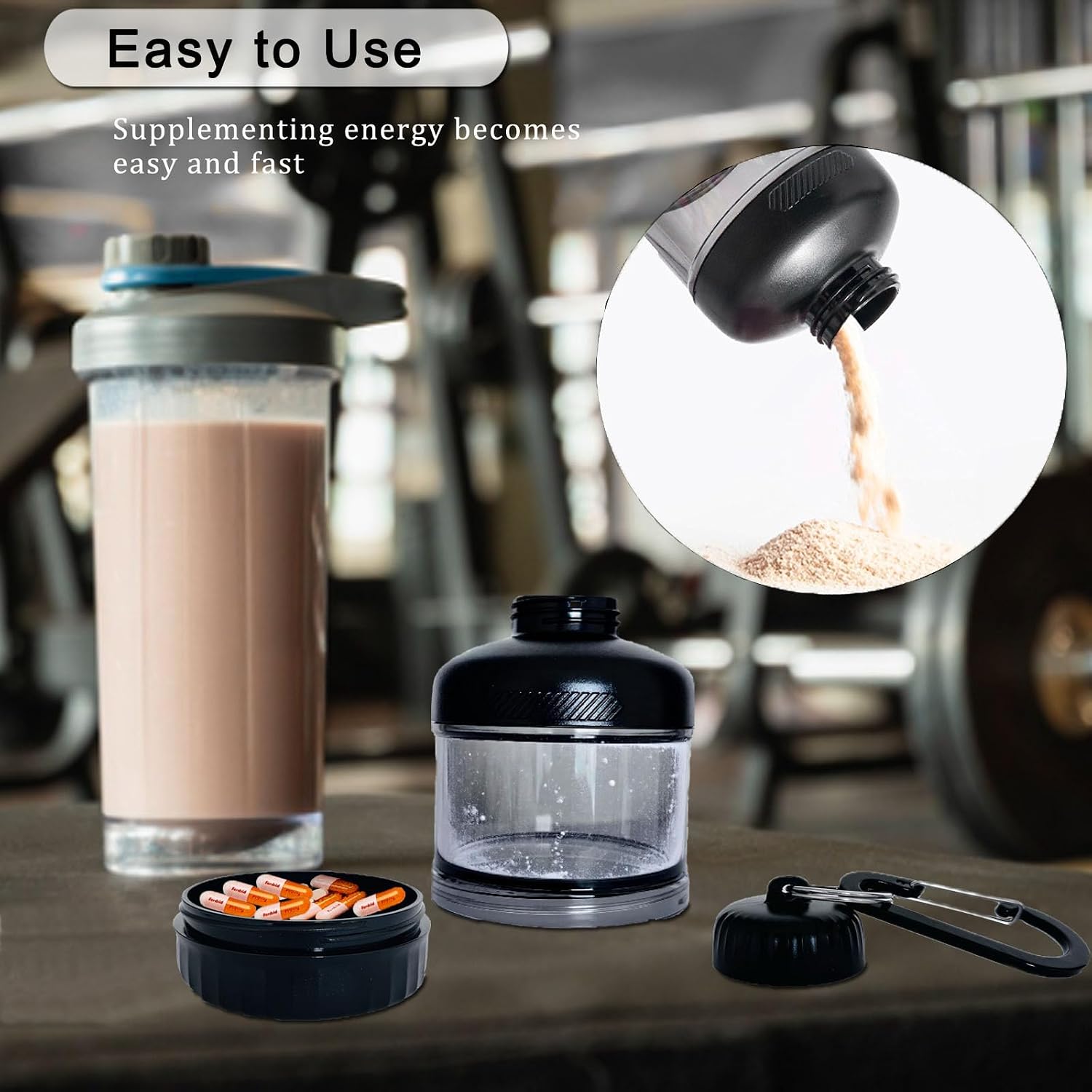Portable Protein Powder Travel Container | With Carabiner & Keyring, For Powders Mixes, PreWorkout, Shaker Bottle Compatible