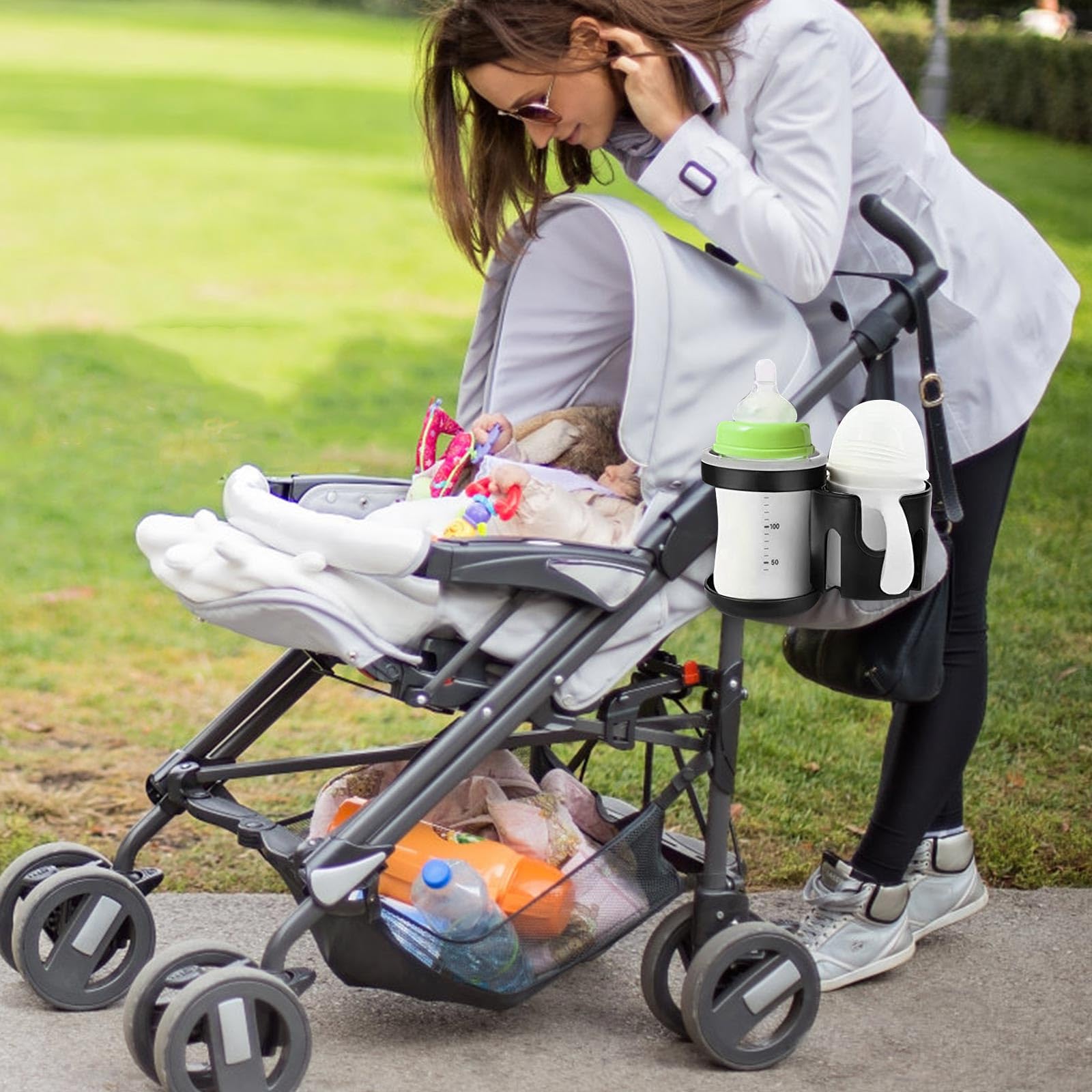 Portavasos para Cochecito, 2 en 1 Portavasos para Bebidas y Café Portavasos Carrito Bebe Universal Ajustable 360 Grados de Rotación Portabotellas para Silla de Paseo para Cochecito Bicicleta