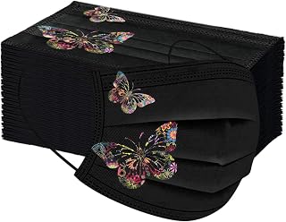 YOMEESOUL 50 Pack Black Butterfly Printed Disposable 3-Ply Face Masks - Comfortable, Breathable Protection for Adults, Women, Men, Teens