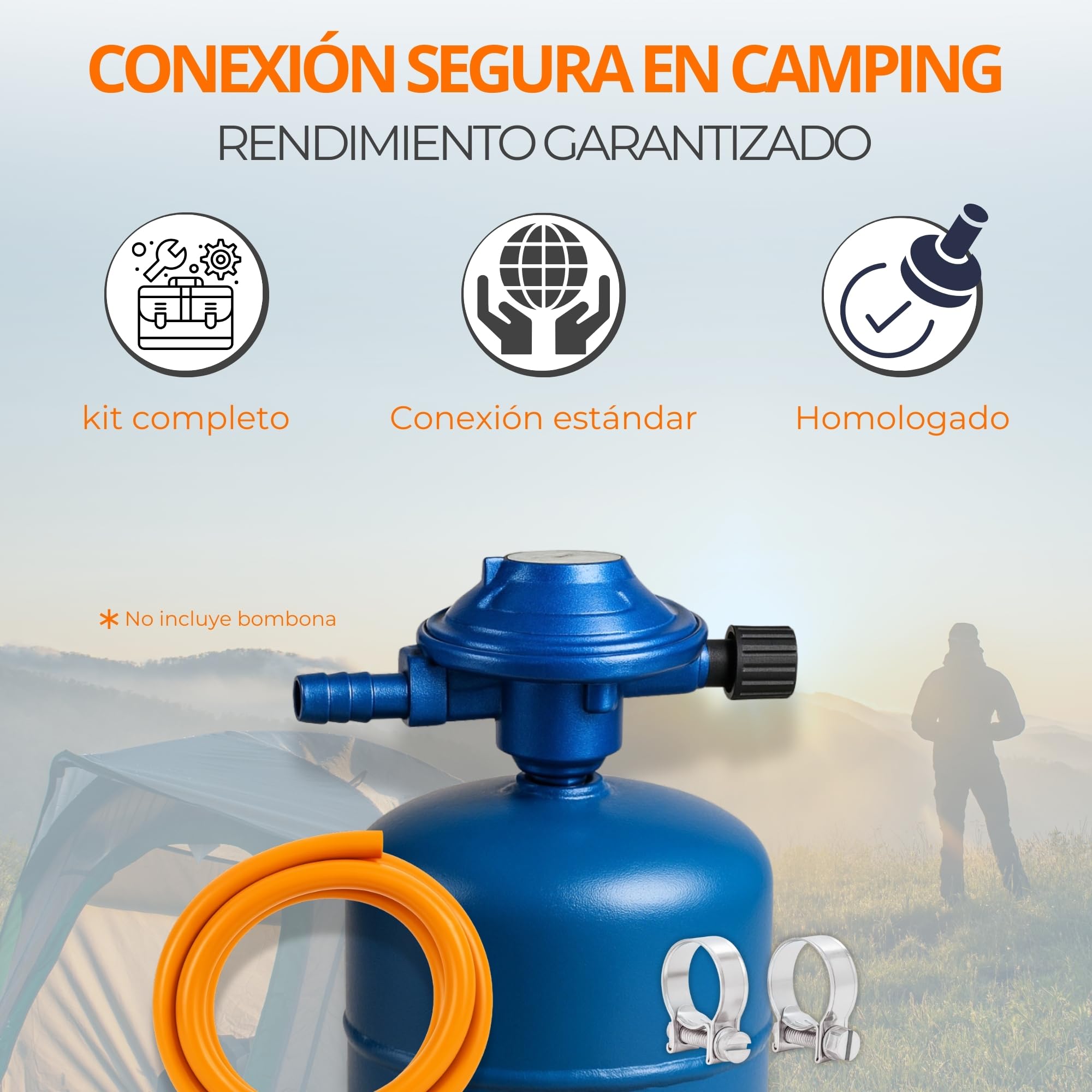 TECHZOCO Kit Completo butano para bombona de butano de Camping + Tubo Goma 1,5 Metros + 2 Abrazaderas Seguridad, Homologado,Apto para aparatos de Gas para Camping, barbacoas y Calentadores