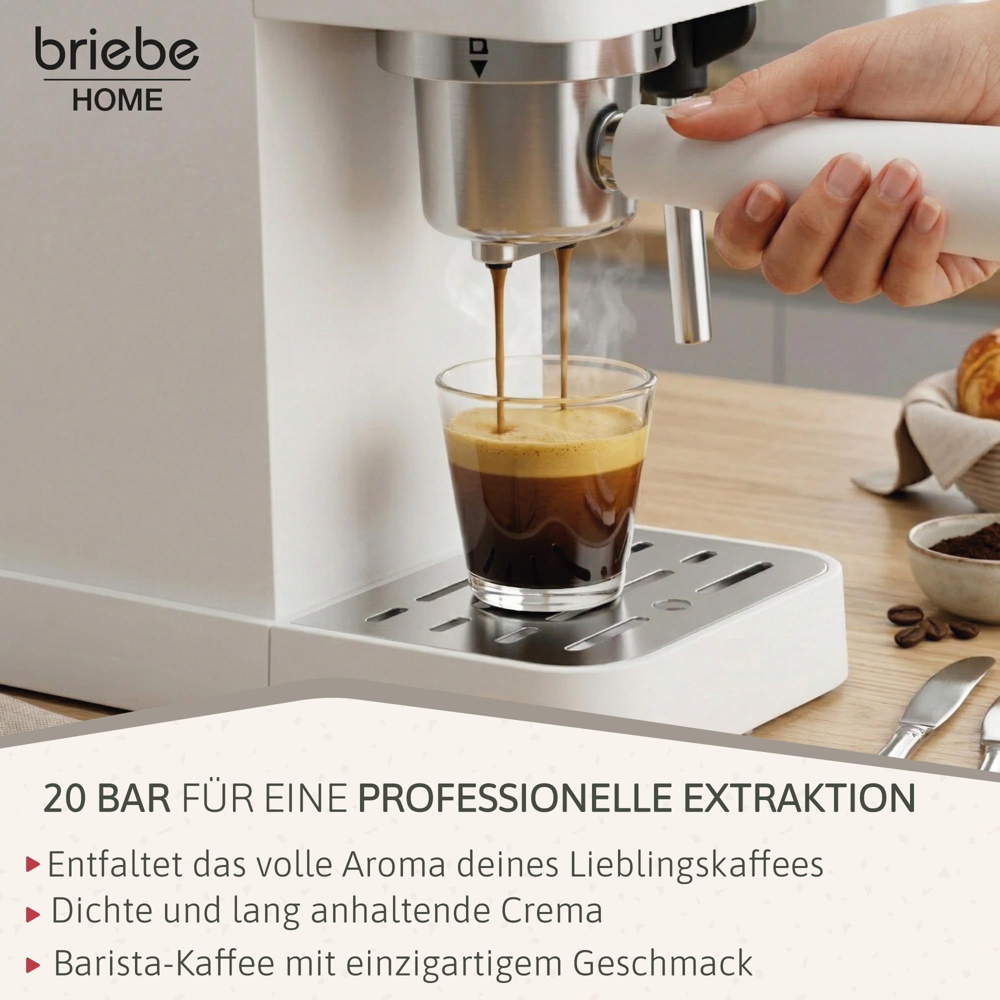 briebe Nordic Kaffeemaschine 20 Bar Kompatibel Nespresso-Kapseln und Kaffeemehl, Espresso Siebträgermaschine 1350W, Milchaufschäumer, Touch-Display, 1,2L Wassertank, Skandinavisches Design, Weiß