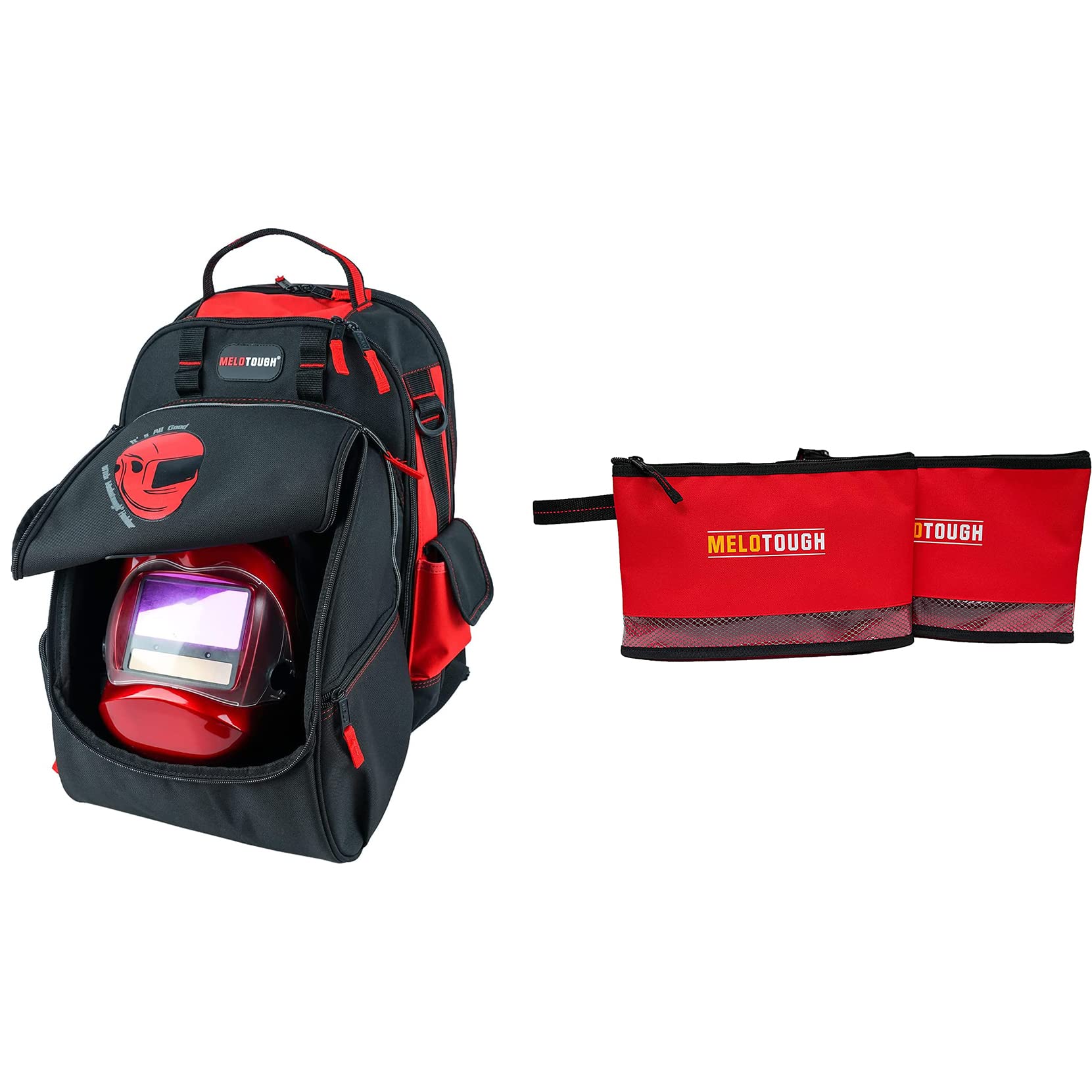 MELOTOUGH Welding Tool Backpack Extreme Gear Pack with Large Capacity Helmet Holder Luggage Storage Bag + Small Tool Pouch Fastener Bag Tool Pouch Stand Up