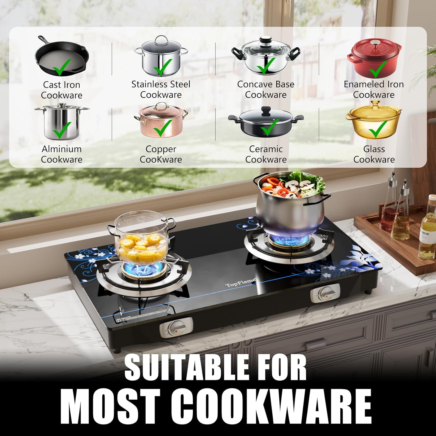 2 Burner Propane Stove 27,200 BTU High-Efficiency Tempered Glass Auto-Ignition Gas Burner Stove Top with CSA Hose for Outdoor RV Camping Emergency Cooking