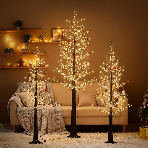 Miniatura 6 de Árbol de abedul iluminado negro de 5 pies con 800 luces cálidas, árbol de Navidad preiluminado con luces parpadeantes, árbol de abedul LED para
