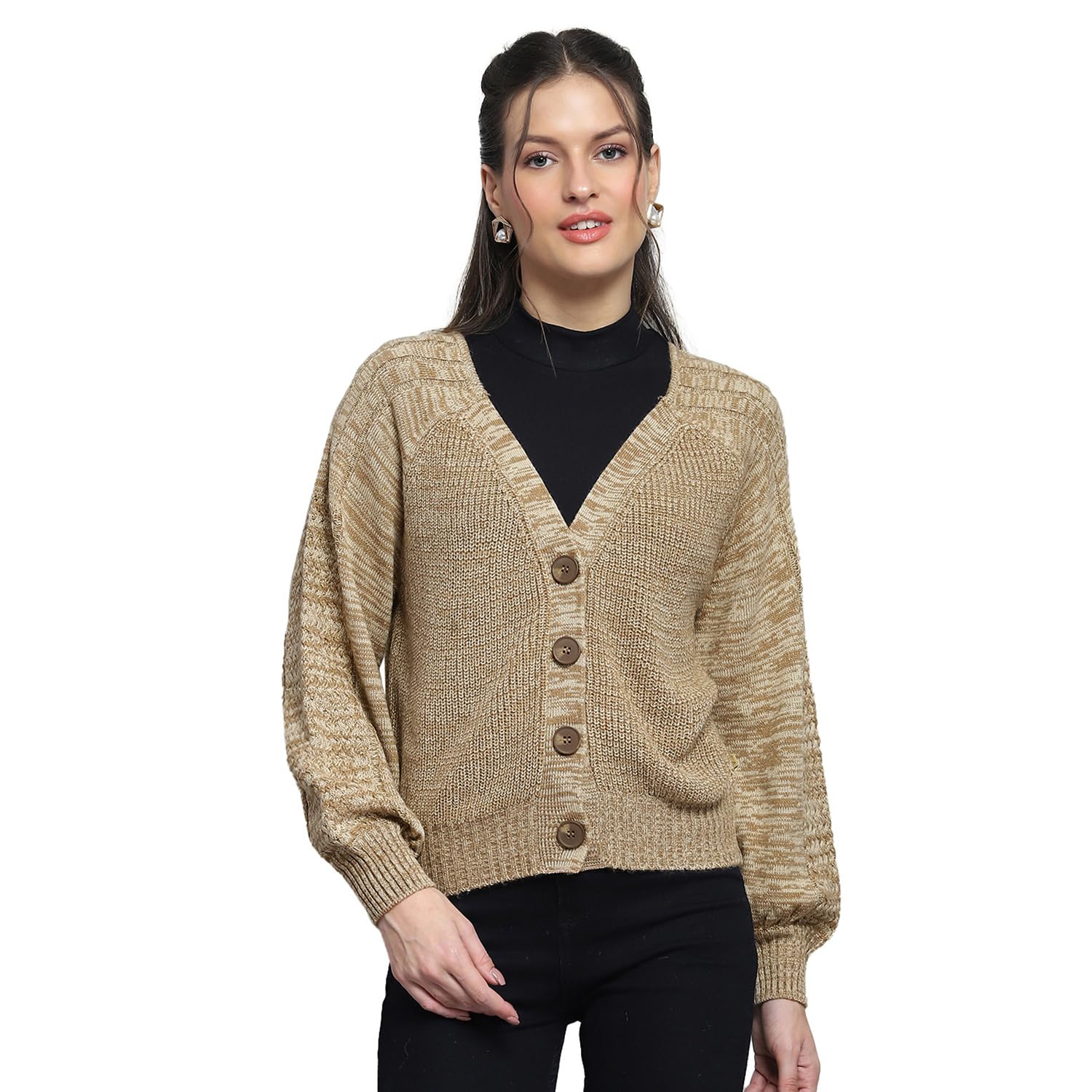 Womens Self Design Camel V Neck Full Sleeve Cardigan_1243627VN-1-image-43