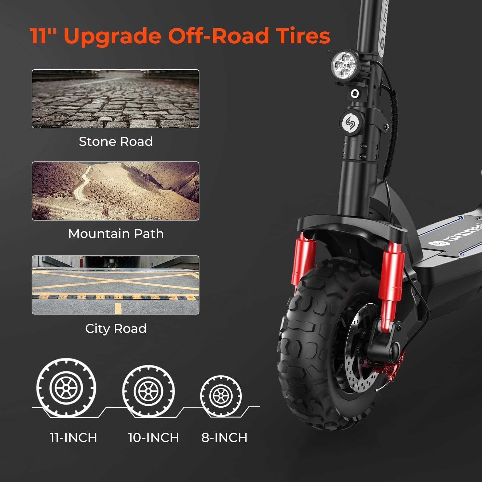isinwheel GT2 Monopattino Elettrico Adulto Fuoristrada, Autonomia 60 km, Batteria 48V 15Ah, Ruote 11", Doppio Freno, Sospensioni Anteriori e Posteriori, Pieghevole, LED e Frecce, Carico 150 kg