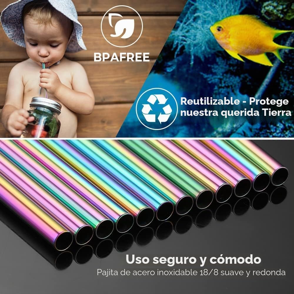 ecooe 12 Pajitas reutilizables de acero inoxidable sin BPA, Pajitas largas de colores metal con 2 Cepillos de Limpieza y 1 Bolsa de Tela Portátil de nylon para Juice, Coffee, Mojito ,Yogur