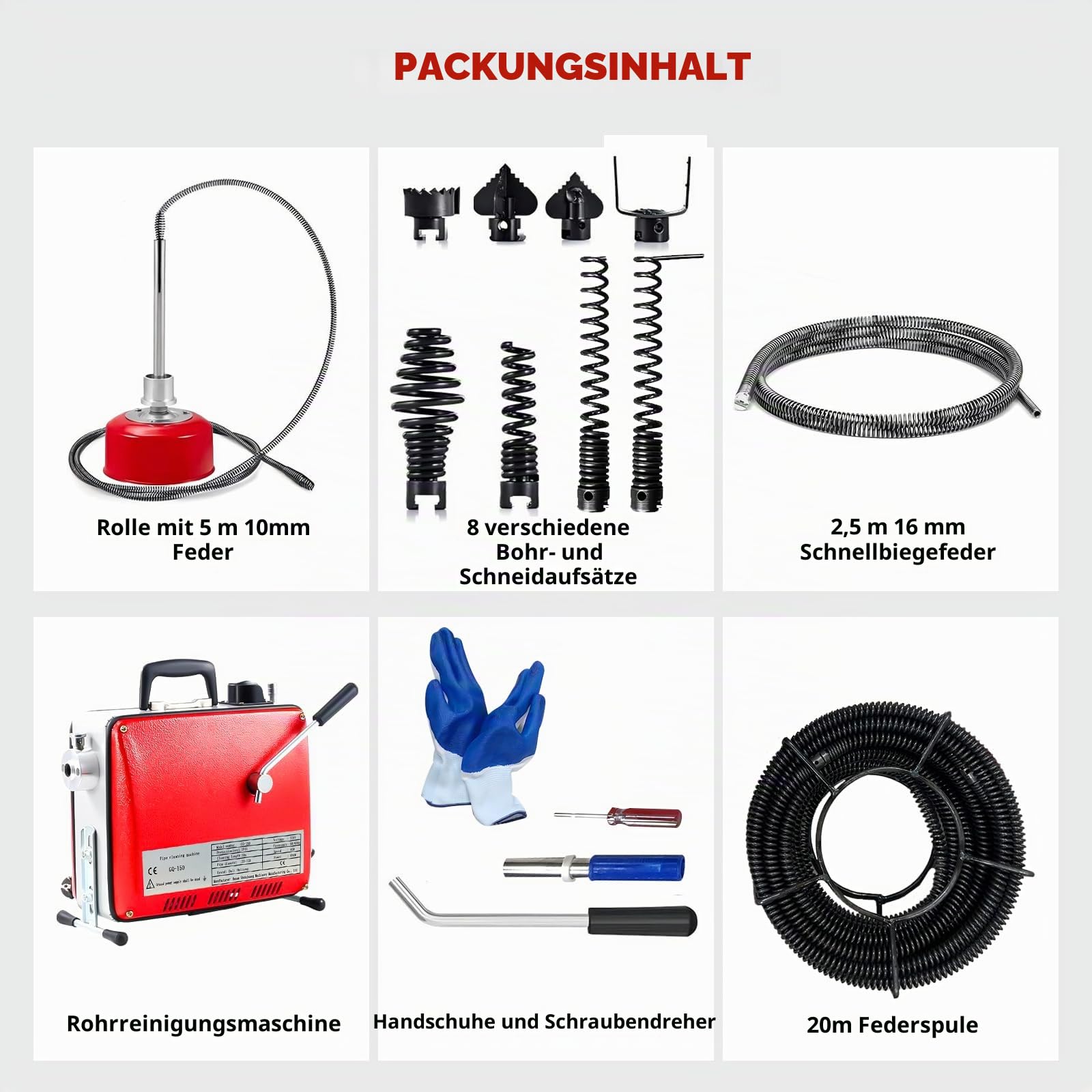 850W Elektrische Rohrreinigungsmaschine Rohrreinigungsspirale für Ø20-100mm Rohrleitungen, Rohrreinigungsgerät mit Ø16mm 20M + Ø10mm 5M Spiralen, 400U/M Reinigungswerkzeug Drain Clean