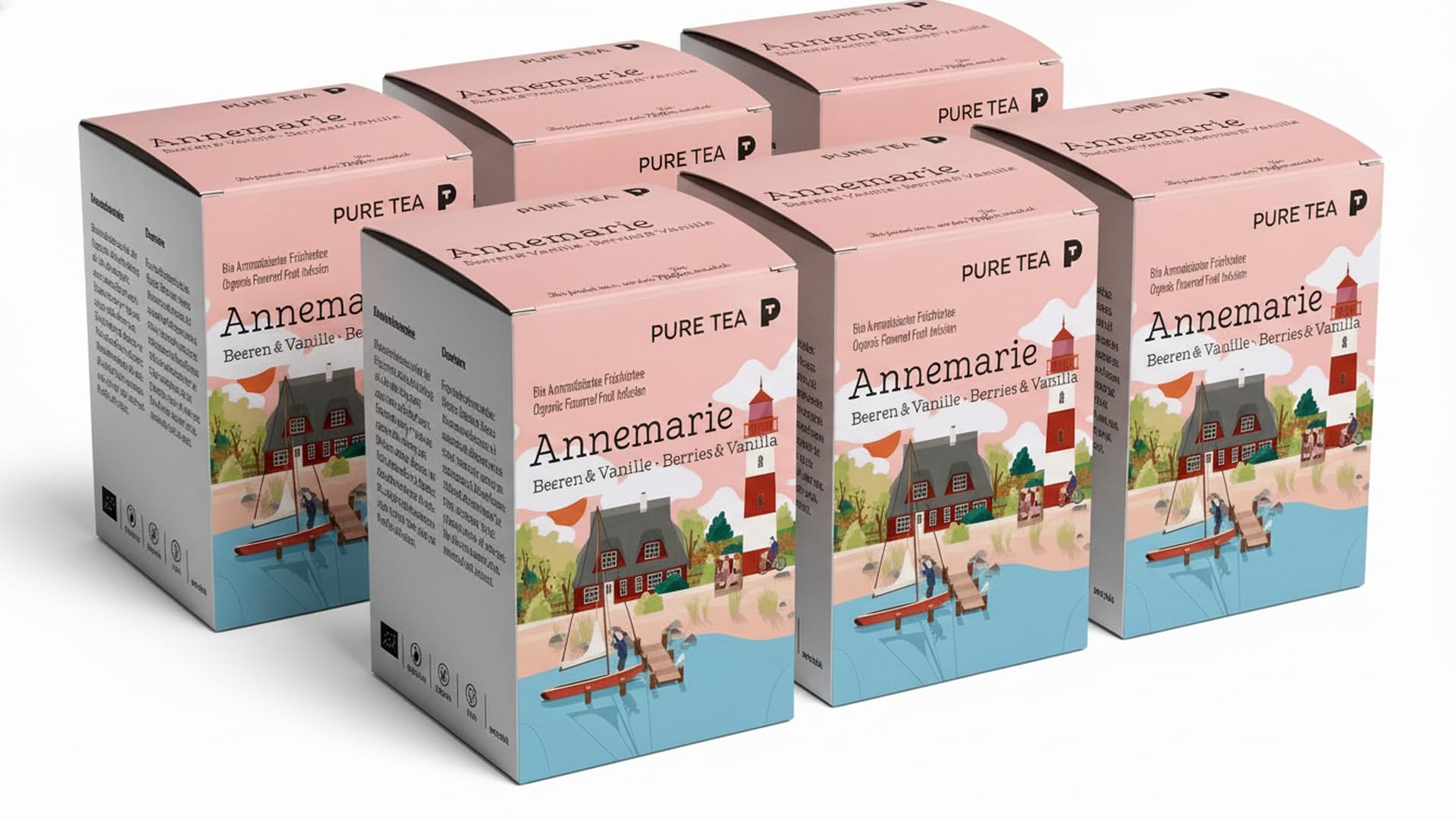 6 x Pure Tea Früchtetee Annemarie Beeren & Vanille, 15 Teebeutel à 3,5 g, aromatisierter Premium-Früchtetee, koffeinfrei & glutenfrei, Dispenserbox