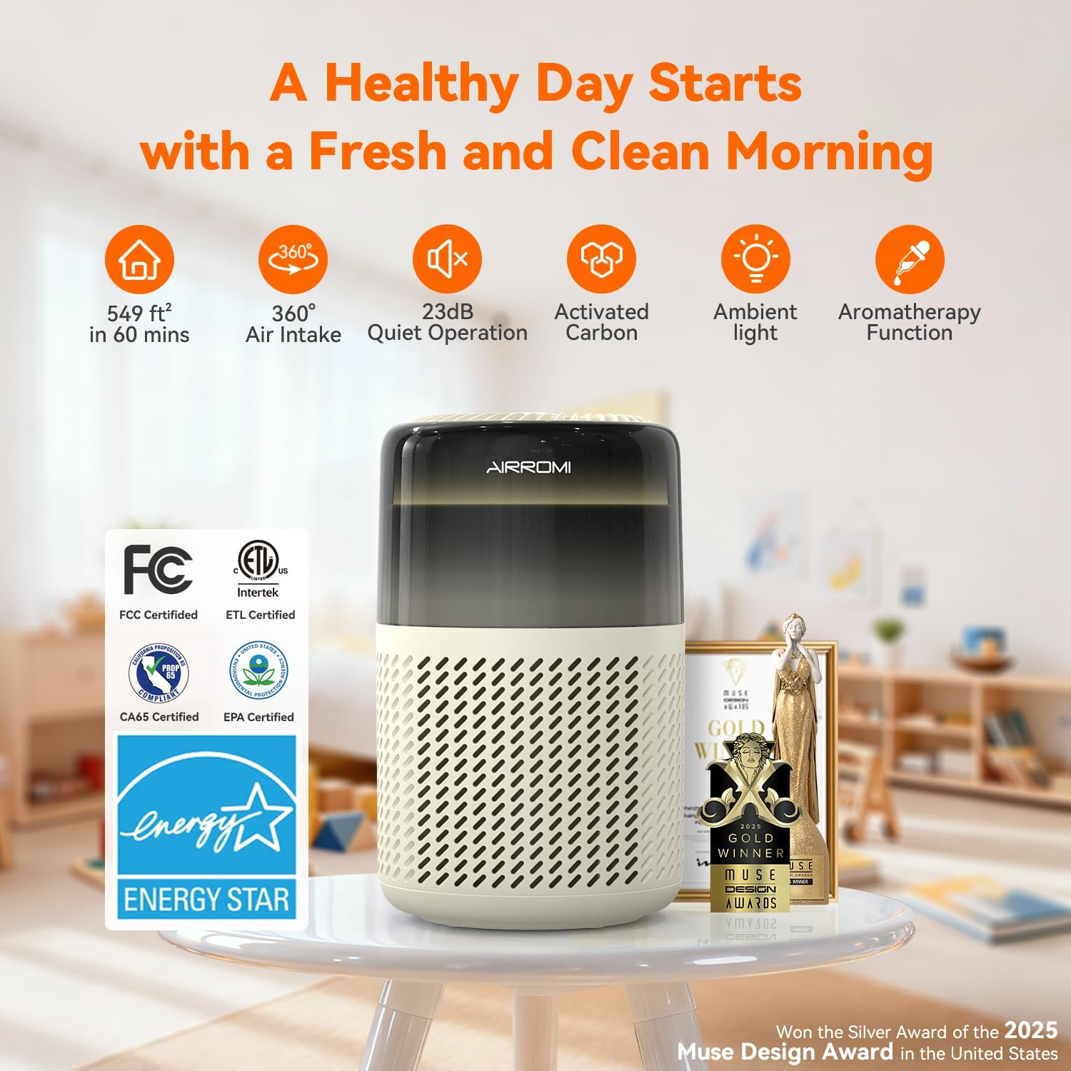 AIRROMI HEPA Air Purifier for Bedroom&Home,Pet Air Purifier for Home Pets,Removes Pet Odor,Cat Litter Smell,Dust,Smoke&Allergies,Quiet Room Air Purifier with Scents,360°Air Cleaner,A2005 Yellow - 2