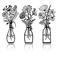 ArtCachet 3-Piece Metal Floral Wall Art - Bathroom Arts & Modern Farmhouse Decor,Home Wall Decors Sculptures for Living Room, Dining Room, Bedroom Wall Decorations & Housewarming Gift(Black, Vase-B)