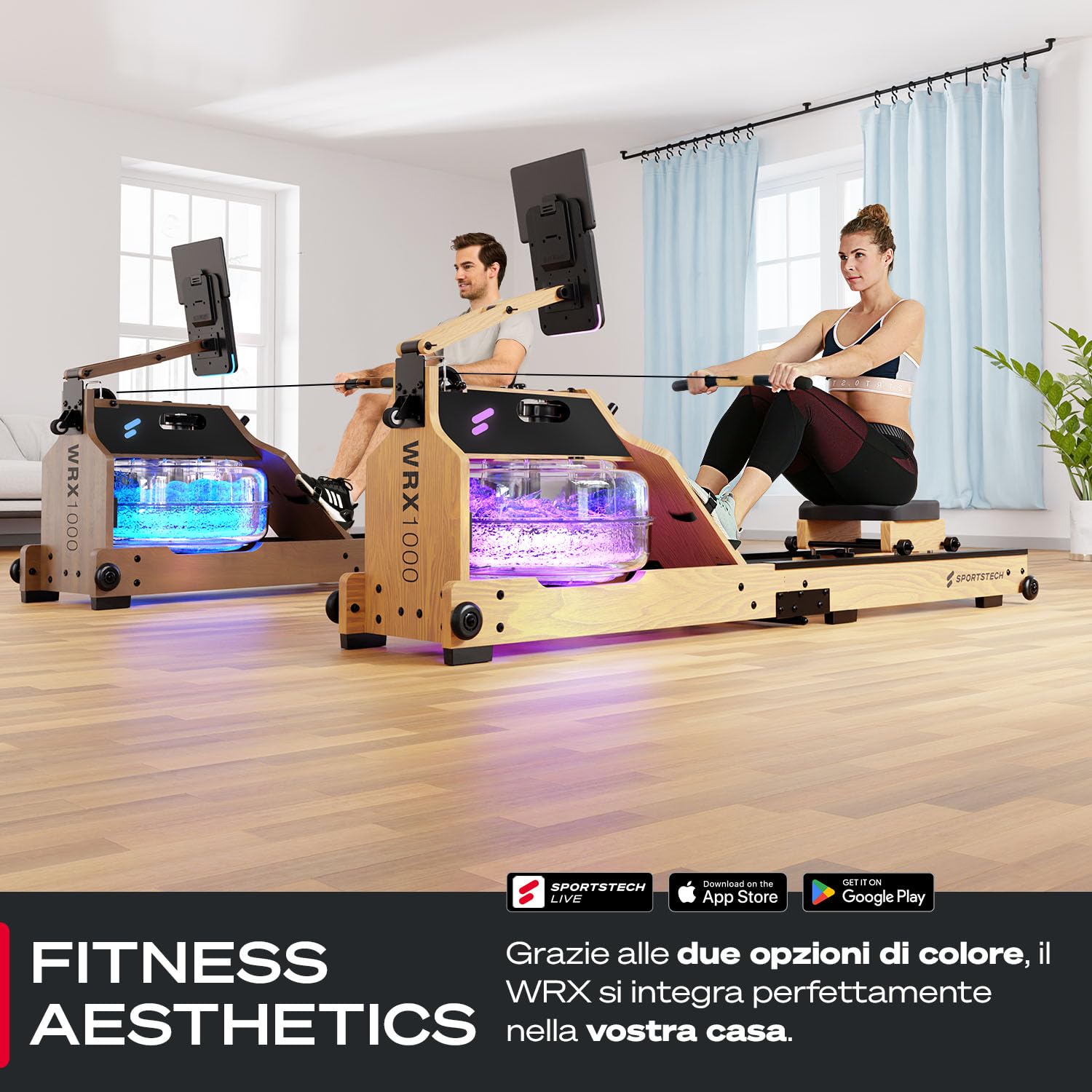 Sportstech - WRX1000 Water Vogatore, Vogatore Pieghevole per Casa, Premium Vogatore ad Acqua con Tecnologia Pulse Serbatoio dell'Acqua a 7 Zone LED e Display LCD