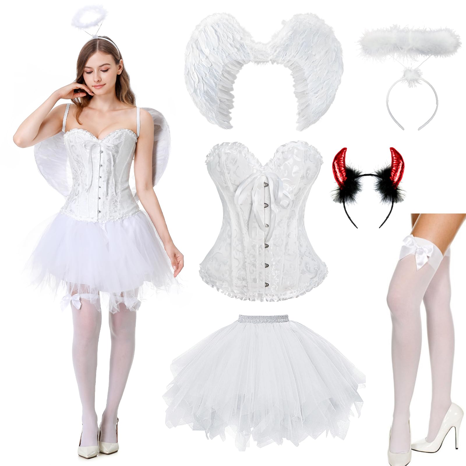 JONRRYIN Black Angel Costume, Angel and Devil Wings Costume, Angel Wings Costume for Women with Women's Lace-up Corset Top, Tulle Skirt, Halo and Devil Horns for Halloween Carnival