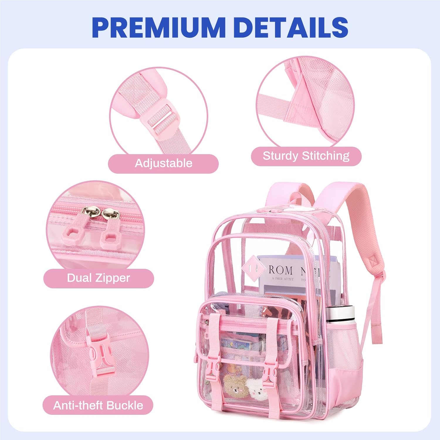 Large Clear Backpacks for School Heavy Duty Transparent Backpack for Stadium Event See through Bookbag for Girls Women Thick PVC Back Pack, Pink - Image 6