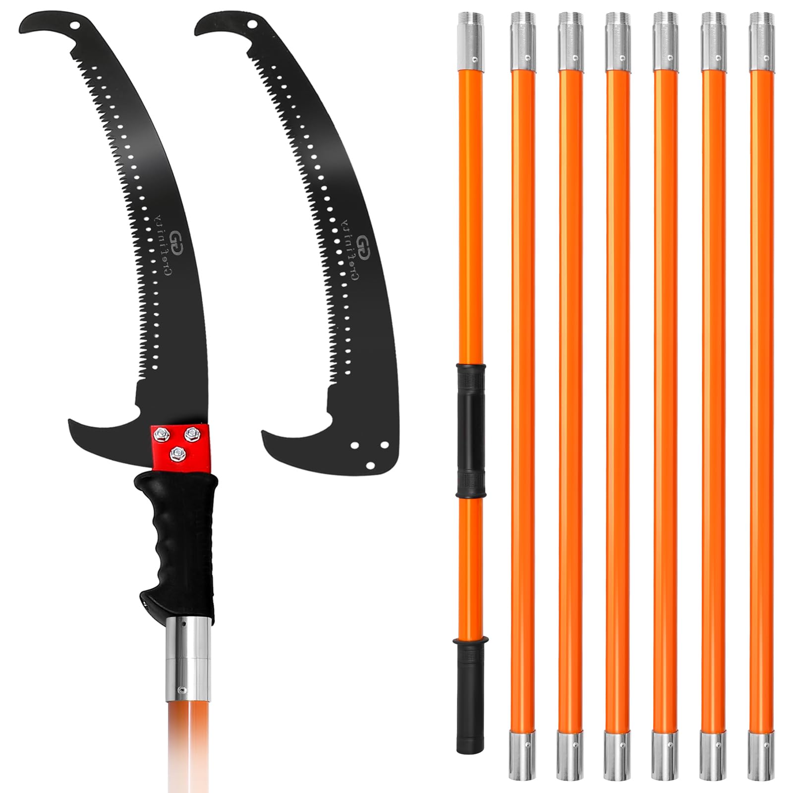 Grefinity Pole Pruning Saw for Tree Trimming, 27 FT/8.2M Manual Tree purner with 8-Section Fiberglass Handle, Sharp Steel Blade, Easy to Carry and Extendable Design for Tree Maintenance, Orange