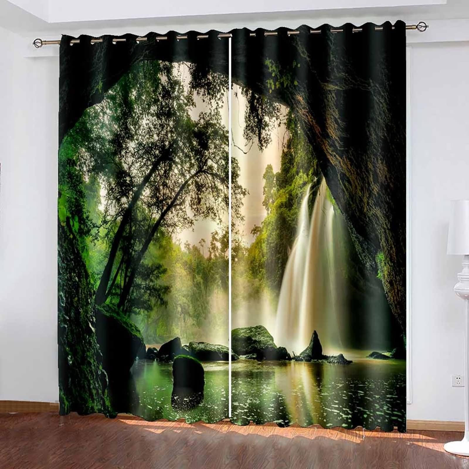 Zasłona okienna zaciemniająca, nieprzezroczysta zielona brązowa zasłona kuchenna las jaskinia krajobraz poliester 2 panele 172 x 214 cm