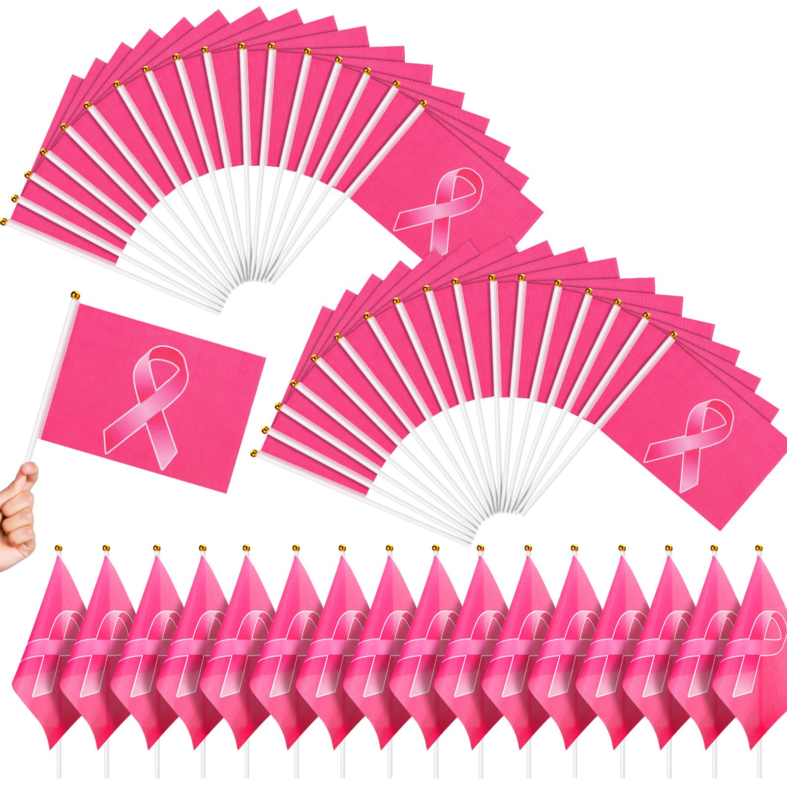 Photo 1 of 2 pack Kinlop 72 Pcs Breast Cancer Awareness Flags Small Pink Ribbon Breast Cancer Flags Hand Held Funny Pink Flags Gift Outdoor Banners for Garden Decorations(Cute)