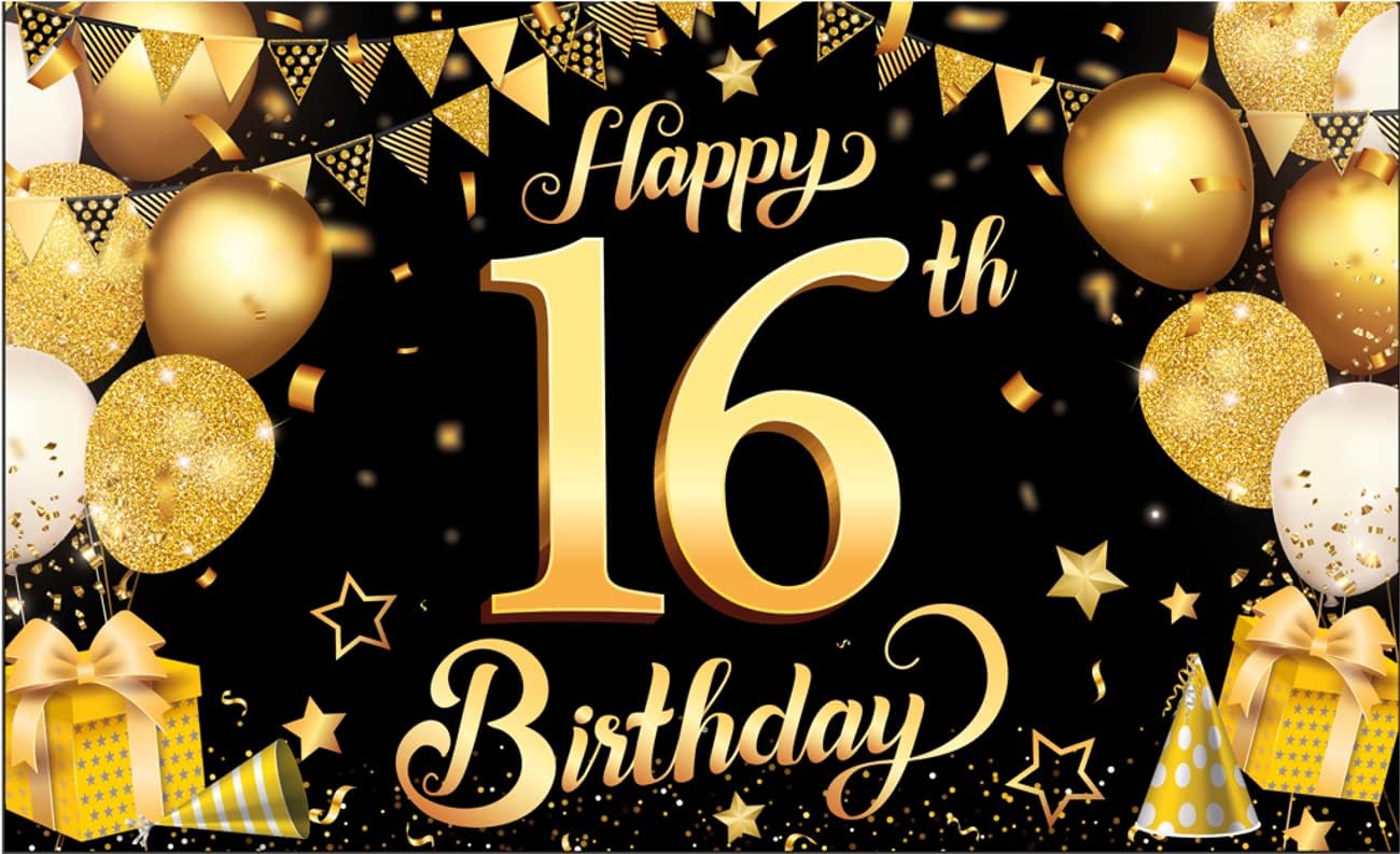 16th Happy Birthday Black Wall Banner,Foil