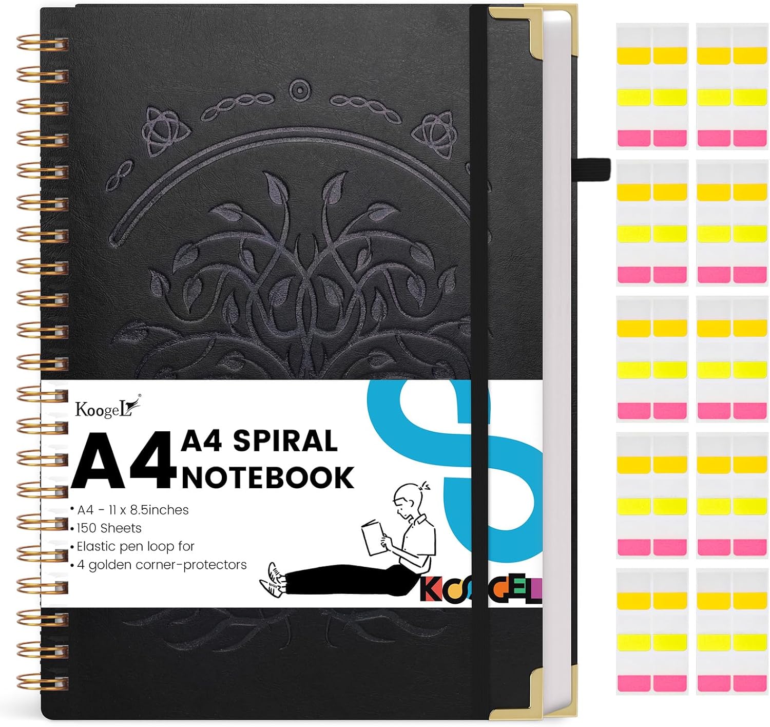 Koogel Black Spiral Notebook A4, Journals for Women Hardcover Notebook College Ruled Journal 150 Sheets/300 Pages for Home Office School