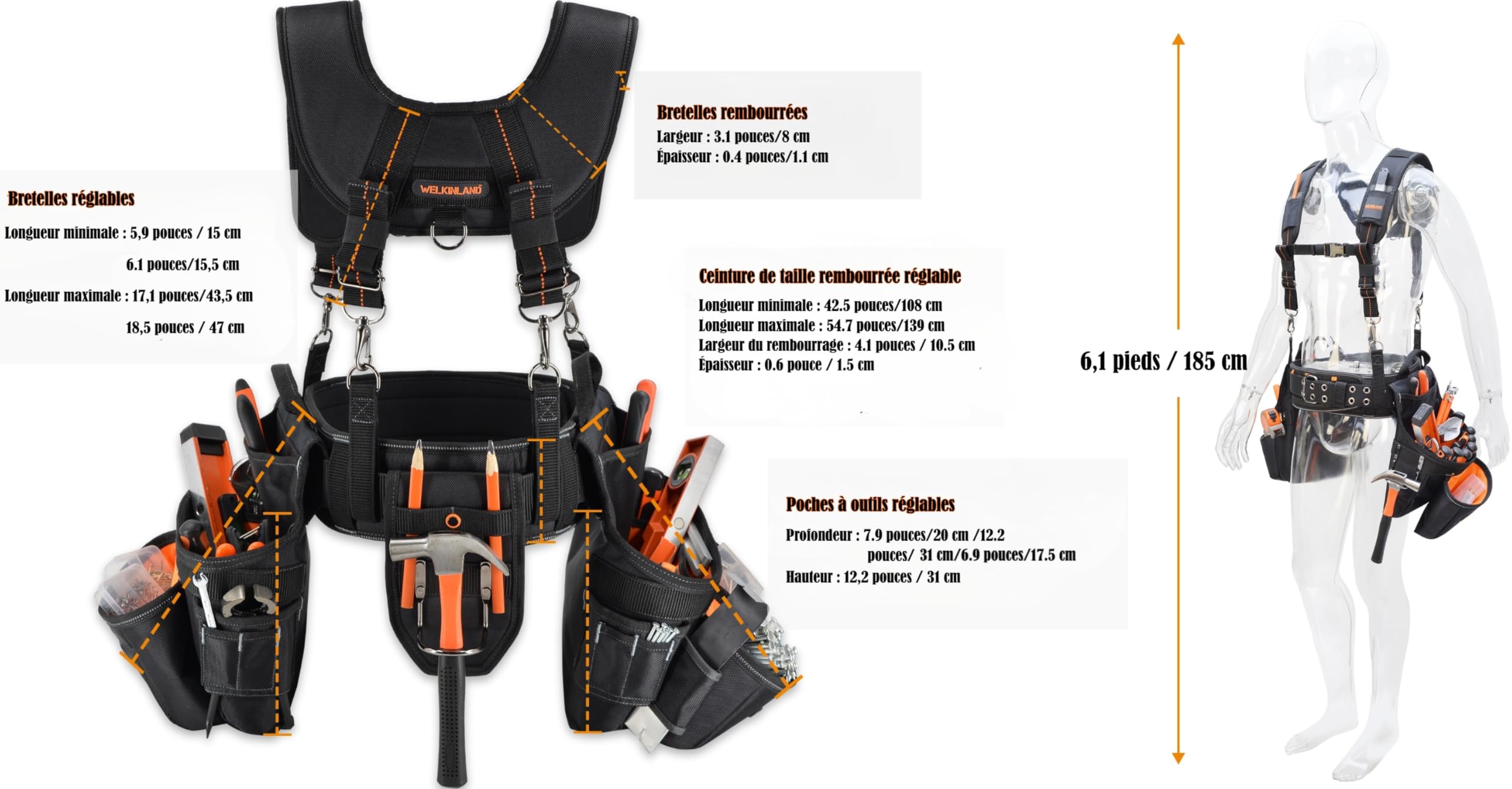 WELKINLAND Ceinture à outils avec 39 poches pour homme, avec bretelles, rembourrée de 10,2 cm, noire avec orange, taille unique (96,5-121,9 cm)