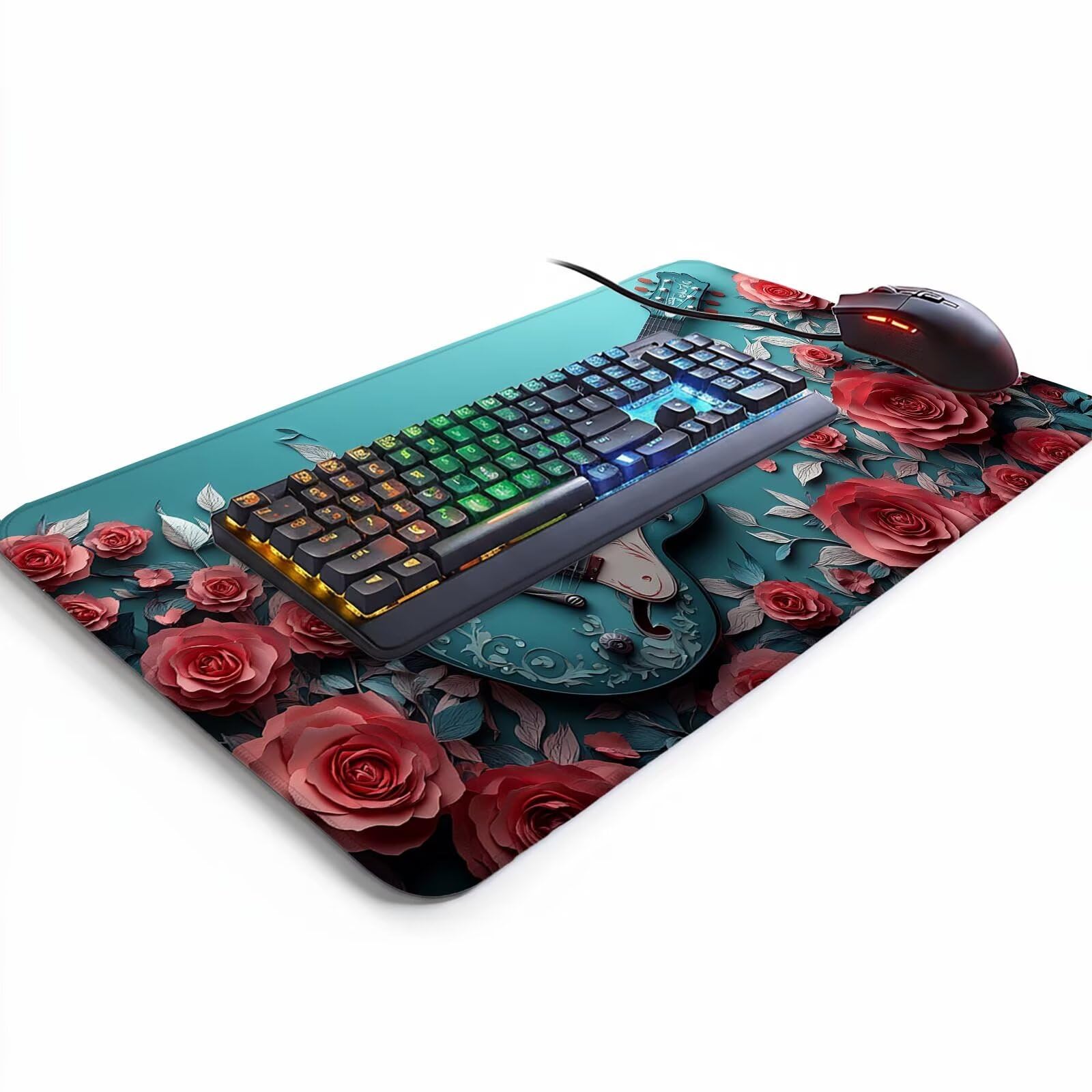Wodoodporna podkładka pod mysz w kwiaty podkładka pod mysz do gier z antypoślizgową gumową podstawą szyte krawędzie, podkładka pod mysz Gitara do laptopa Klawiatura Deco Biuro Prezent dla mężczyzn 60